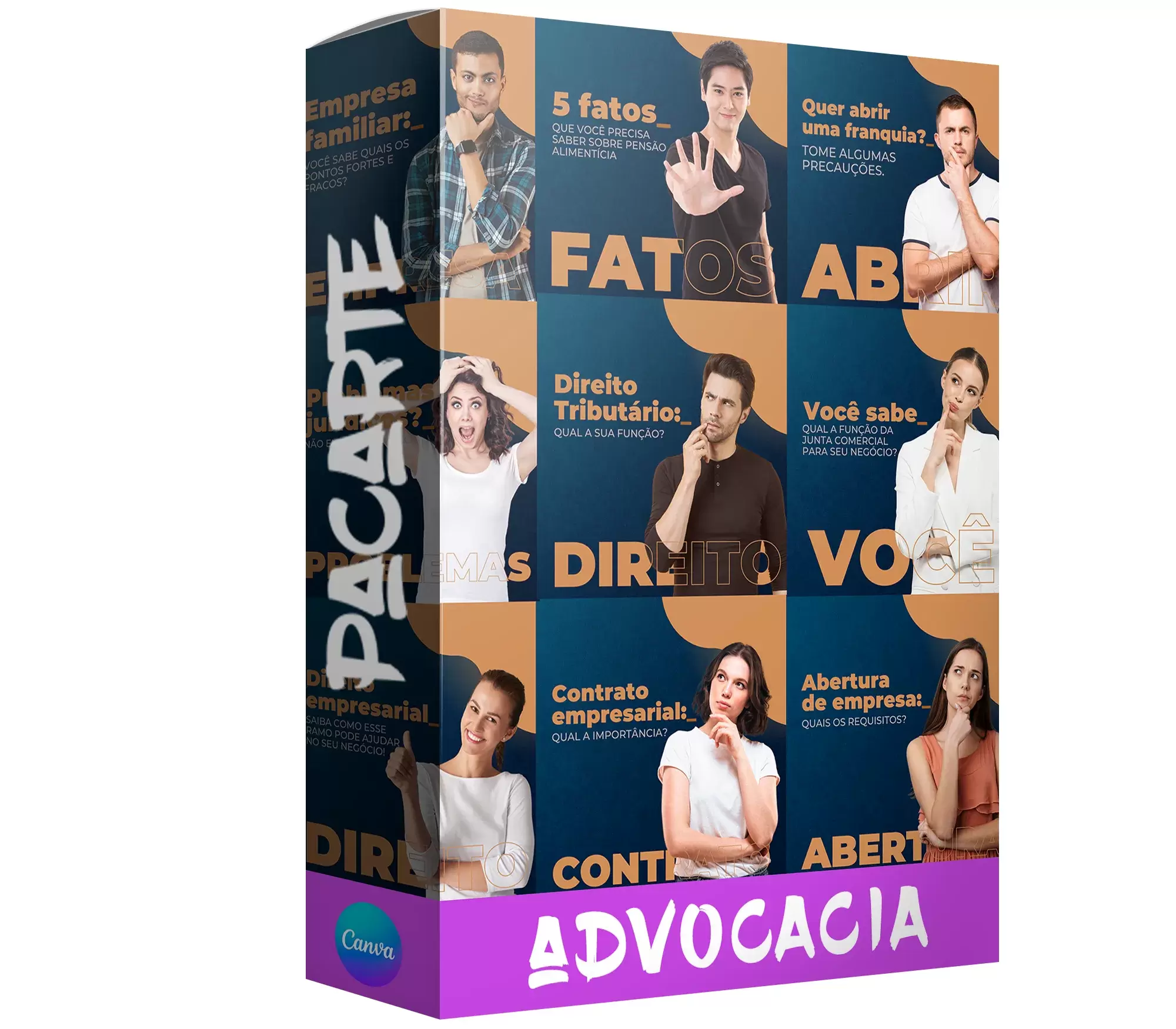 Pack de advocacia com 141 artes editáveis no canva.