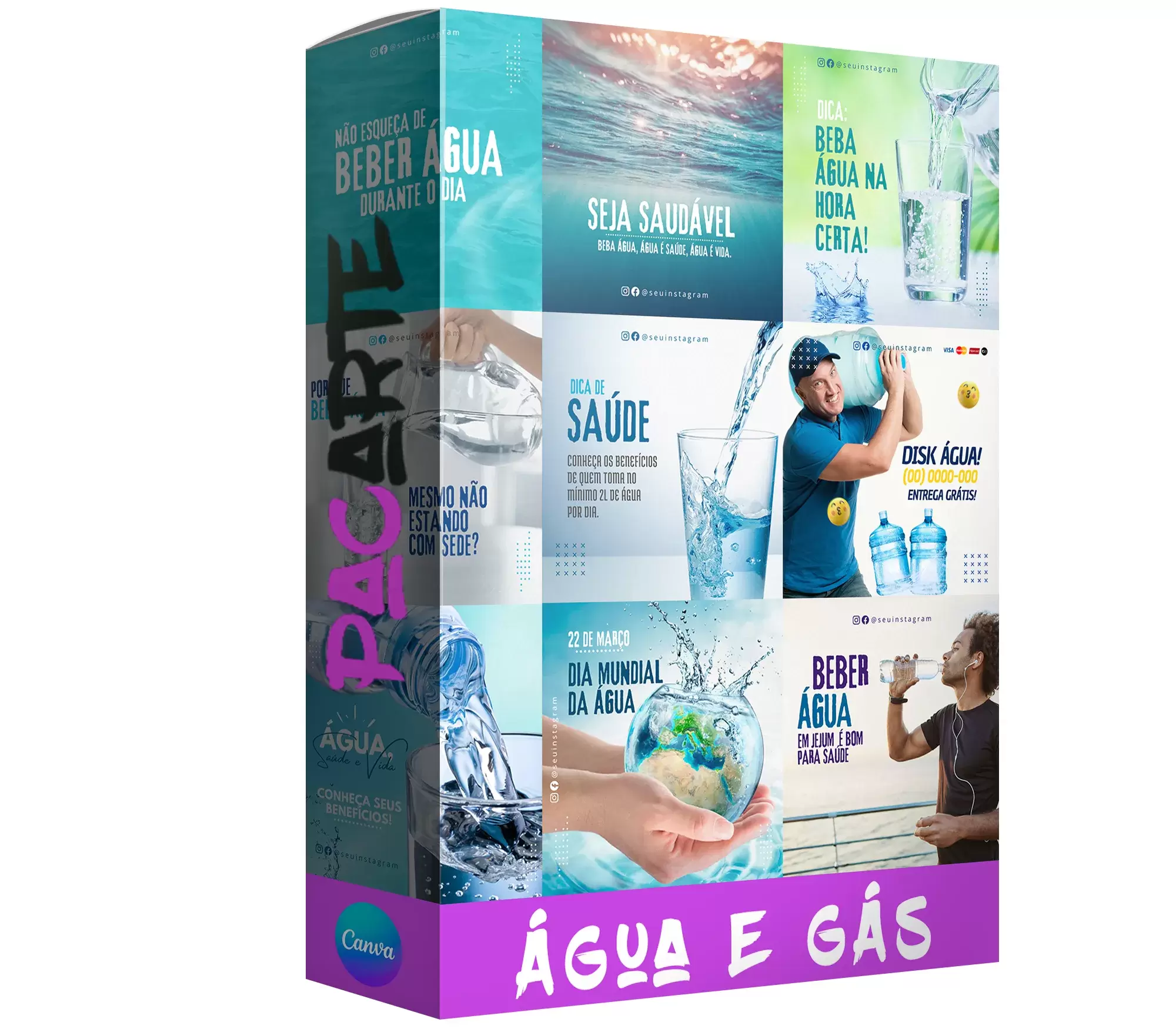 Pack para água e gás com 40 artes editáveis no canva