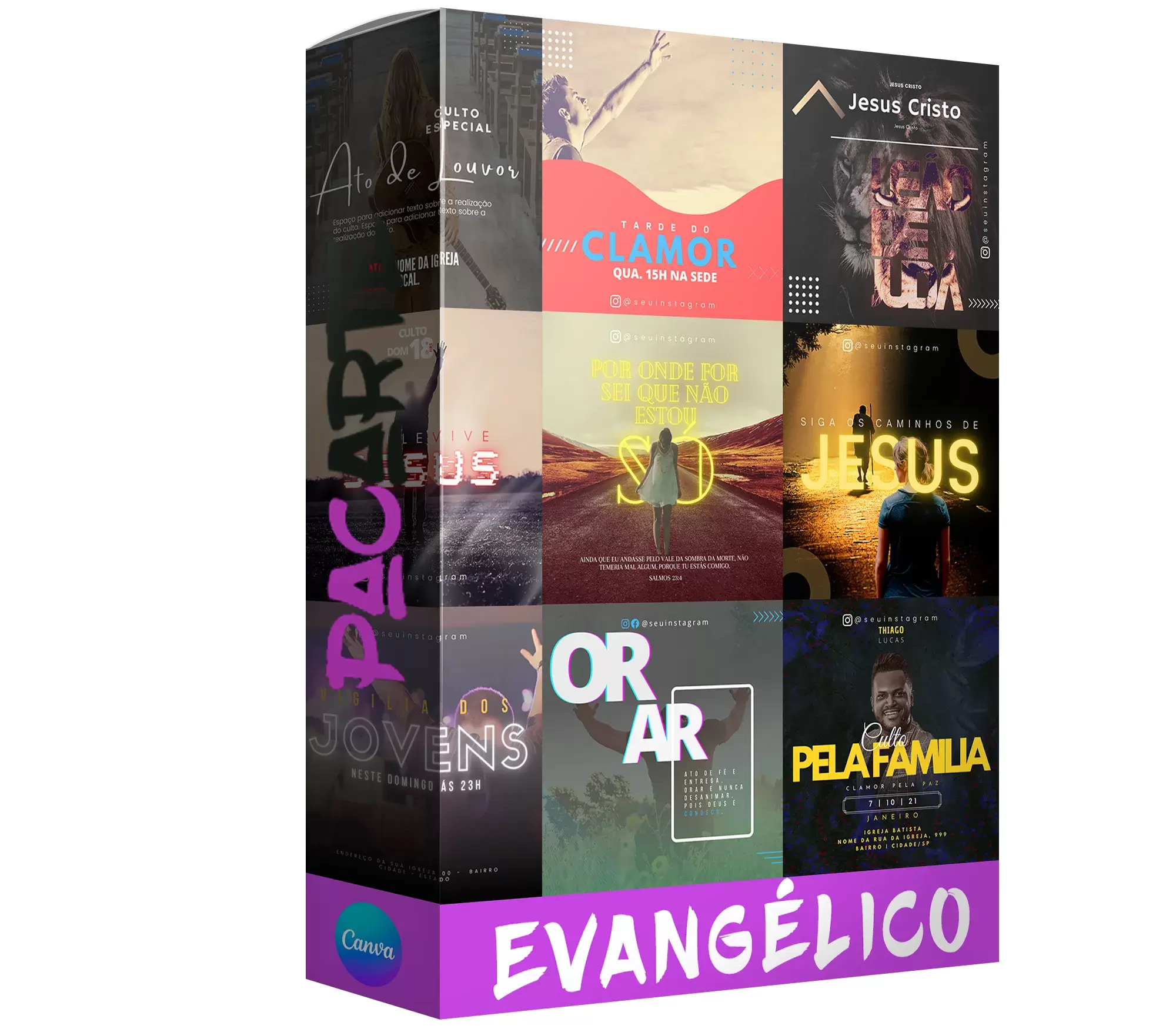 Pacote de 38 Artes Editáveis no Canva para Anúncios de Programações Gospel