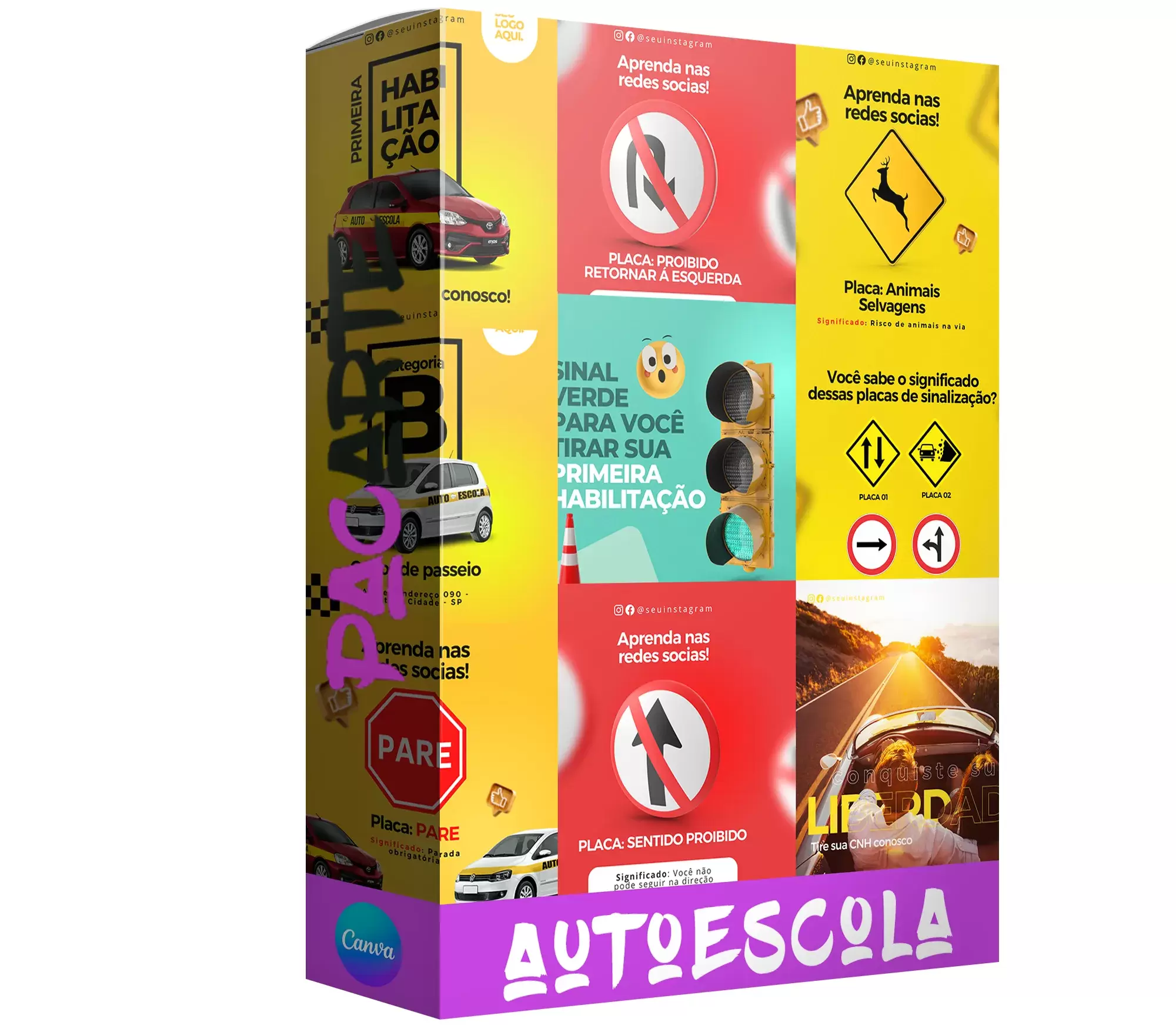 Pack de auto escola com 30 mídias editáveis no canva