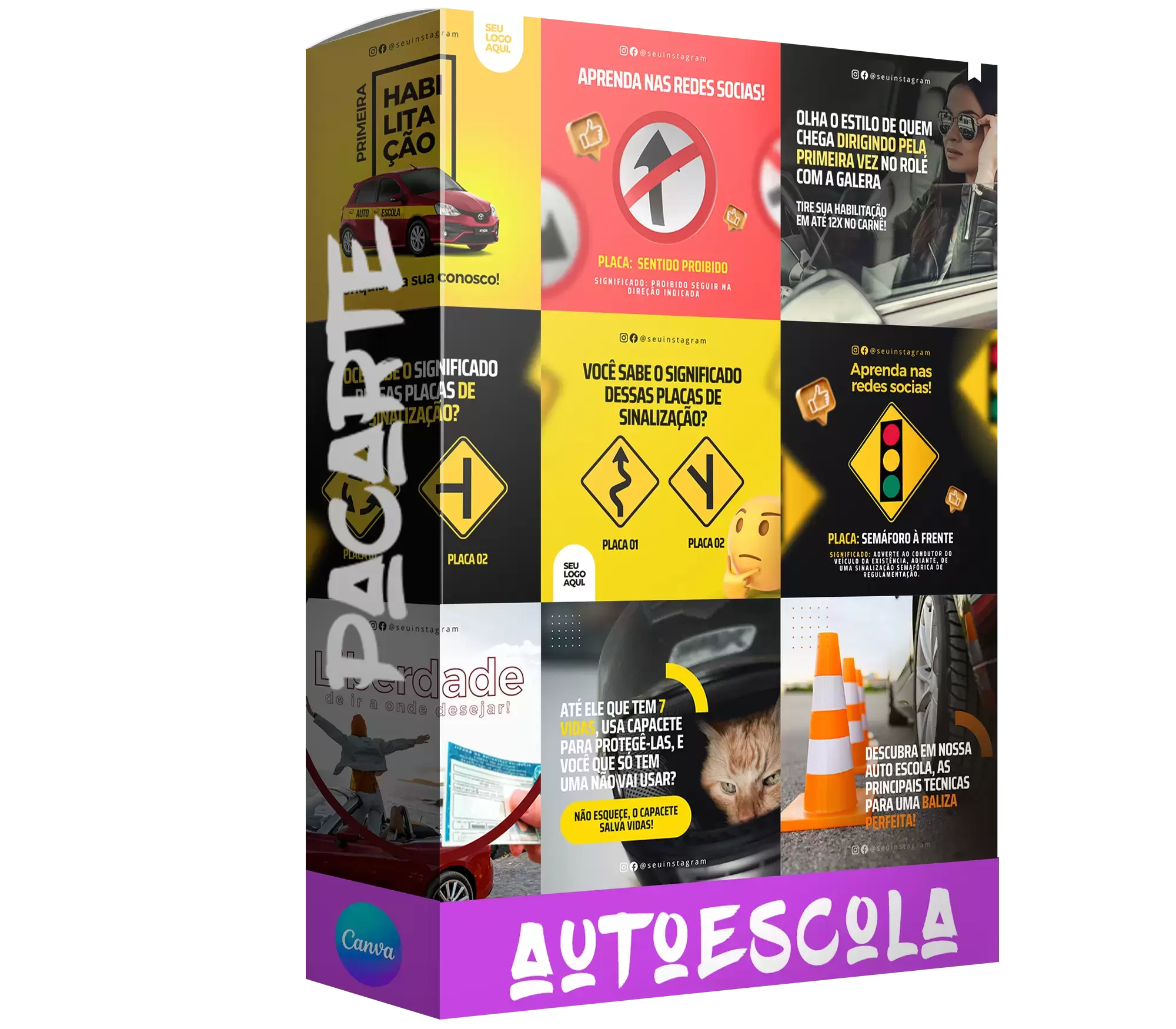 Pacote com 25 Artes Editáveis no Canva Para Autoescola