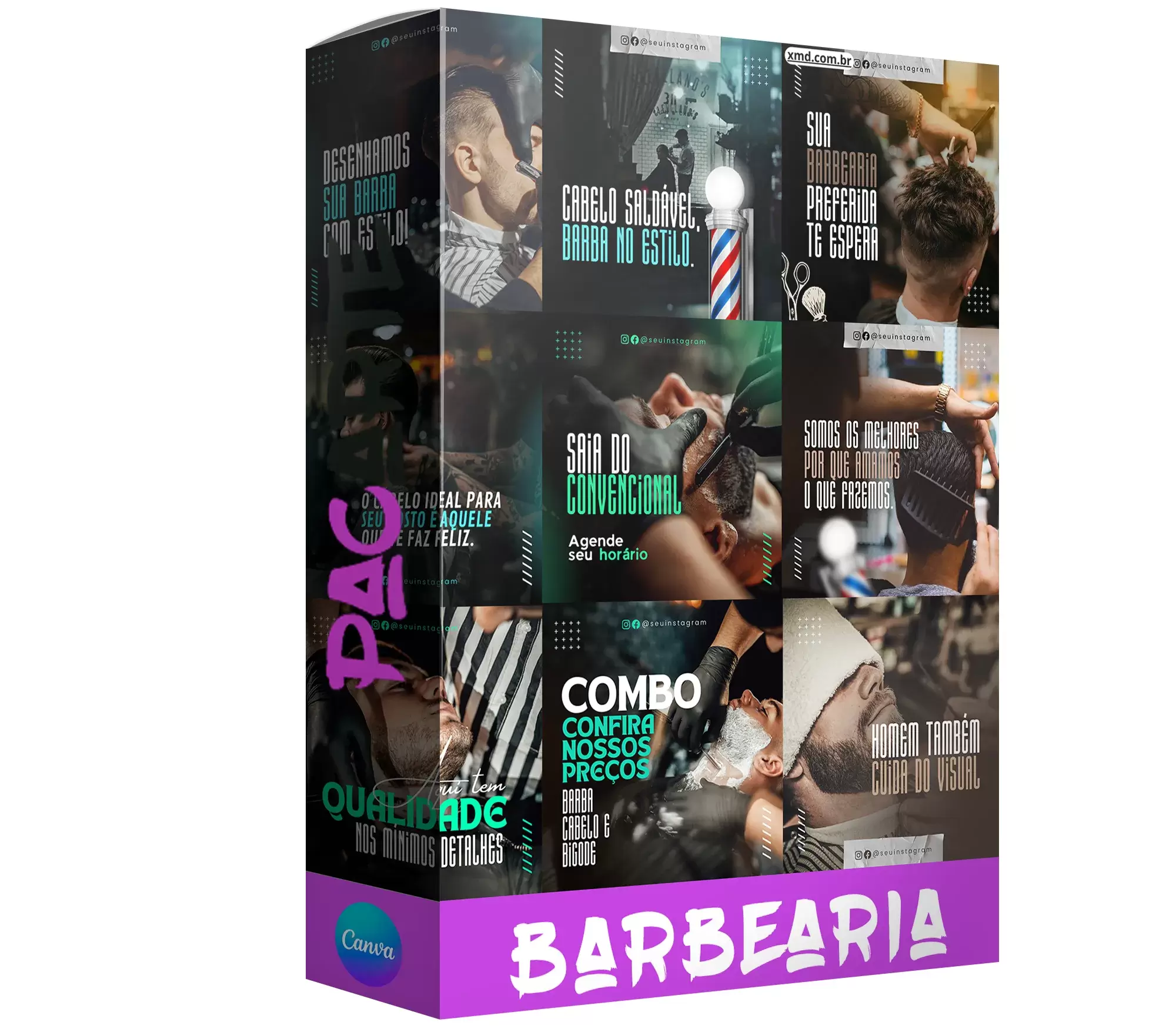 Pack de barbearia com 330 artes editáveis no canva