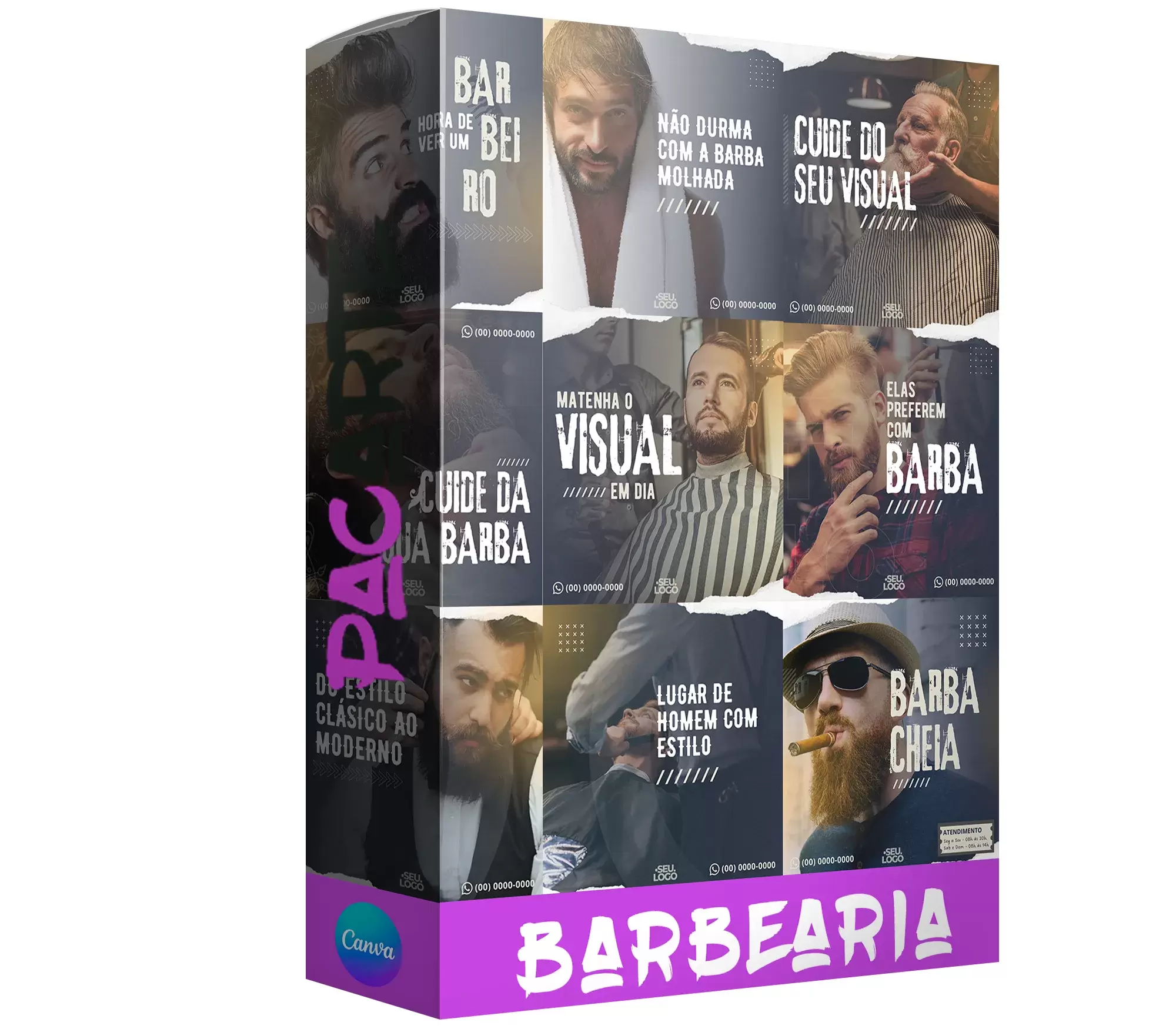 Pacote de 30 Propagandas Editáveis no Canva para Serviços de Barbearia