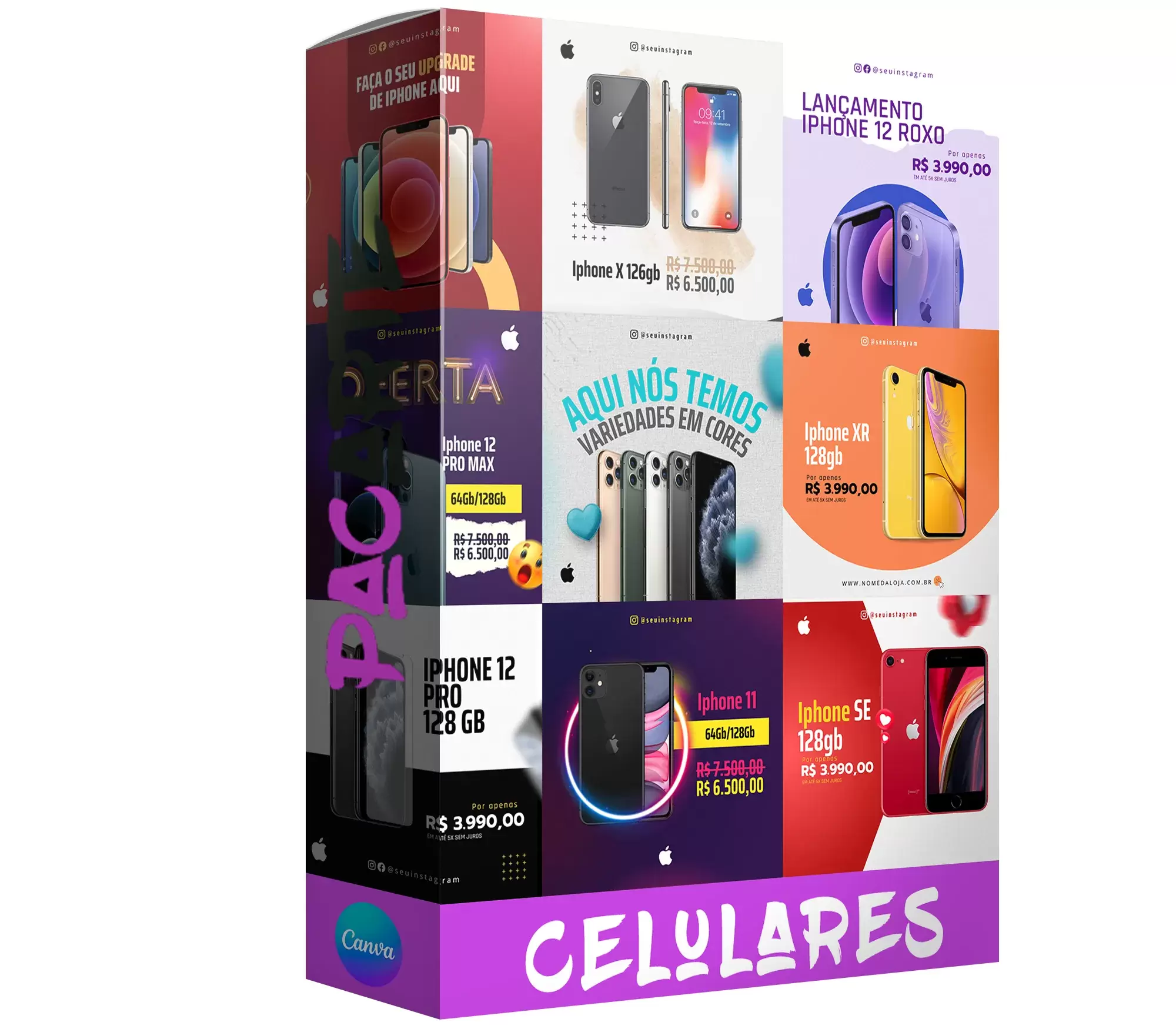 Pack para loja de celulares com 40 artes editáveis no canva