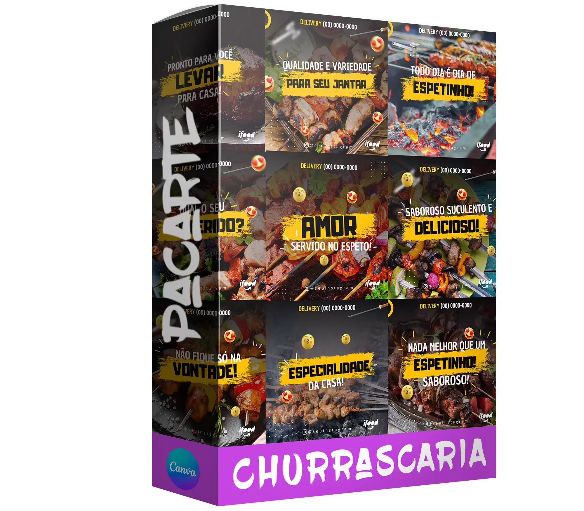 Pack para churrascaria com 40 artes editáveis no canva