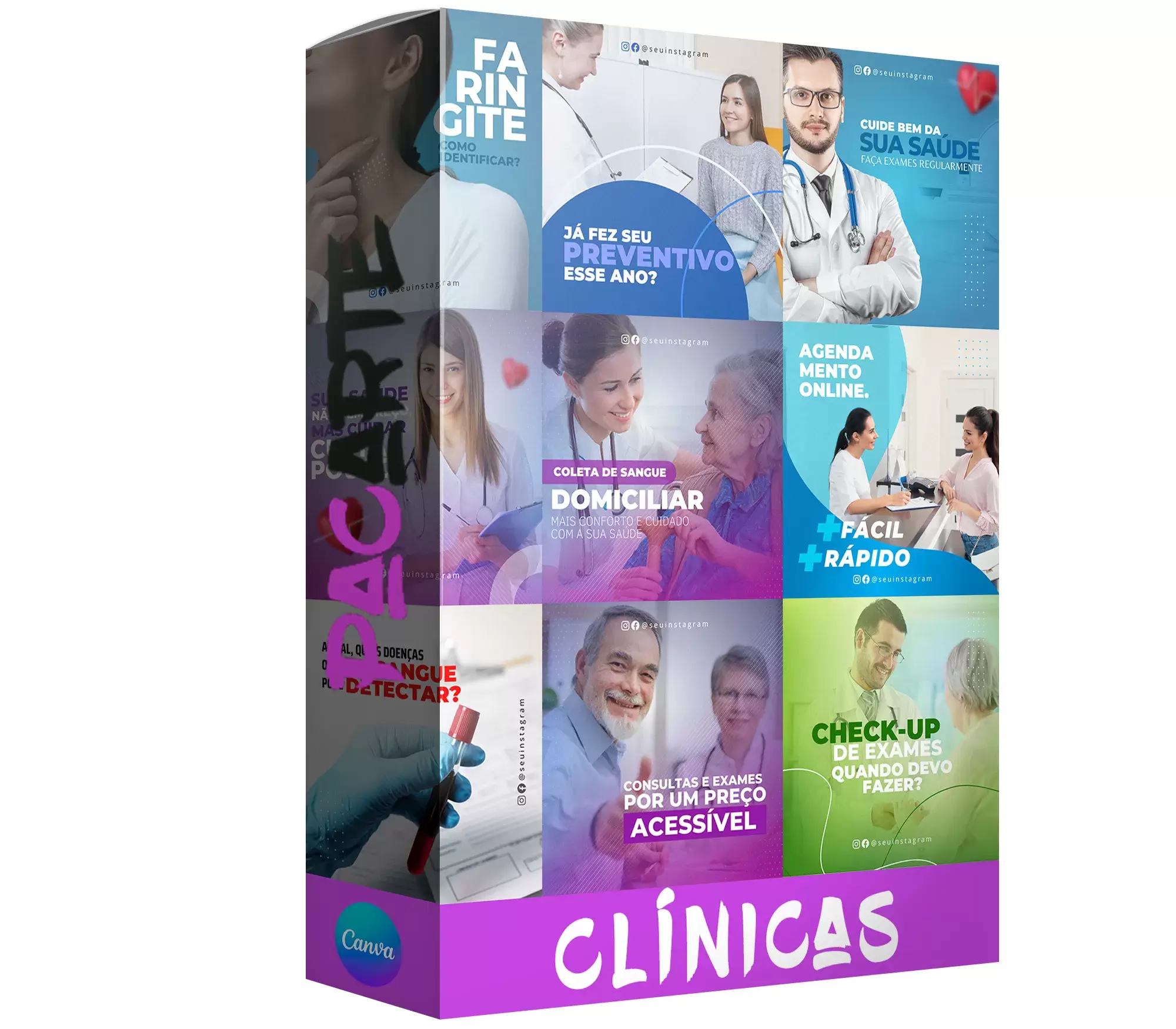 Pack para clinica com 40 artes editáveis no canva
