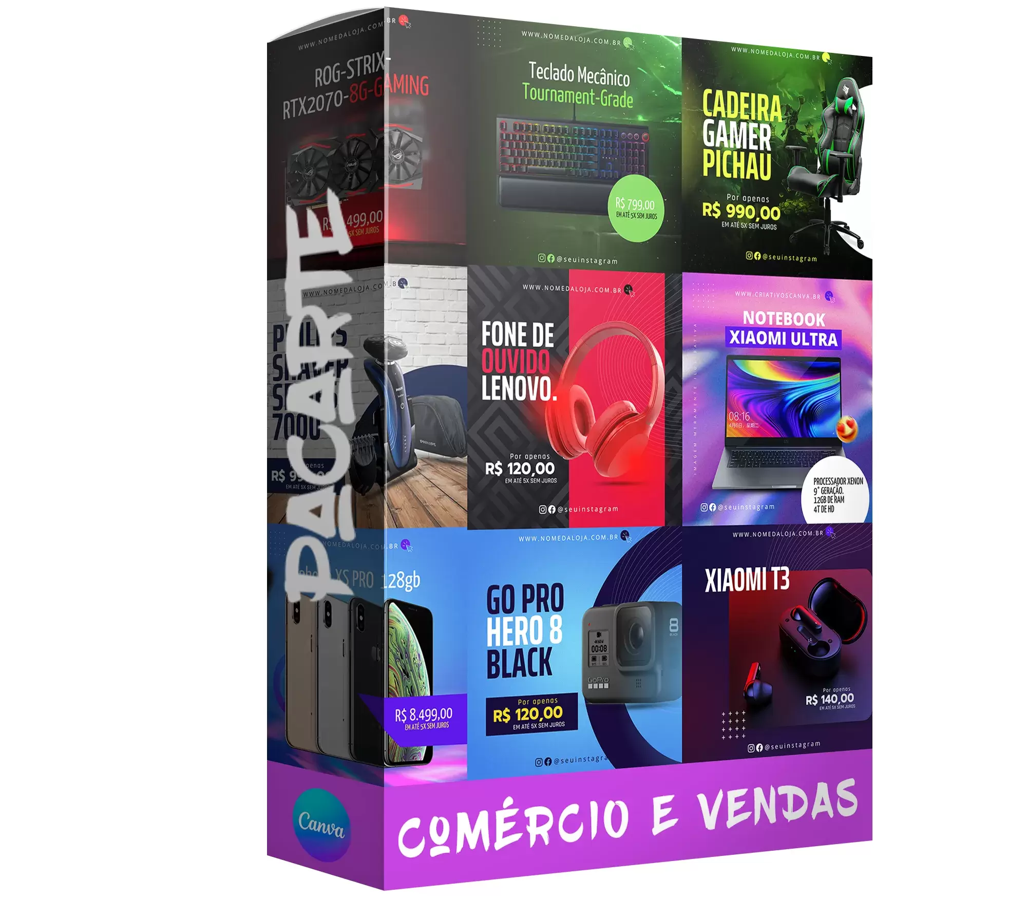 Pack para Comercio e Vendas com 20 mídias editáveis no canva