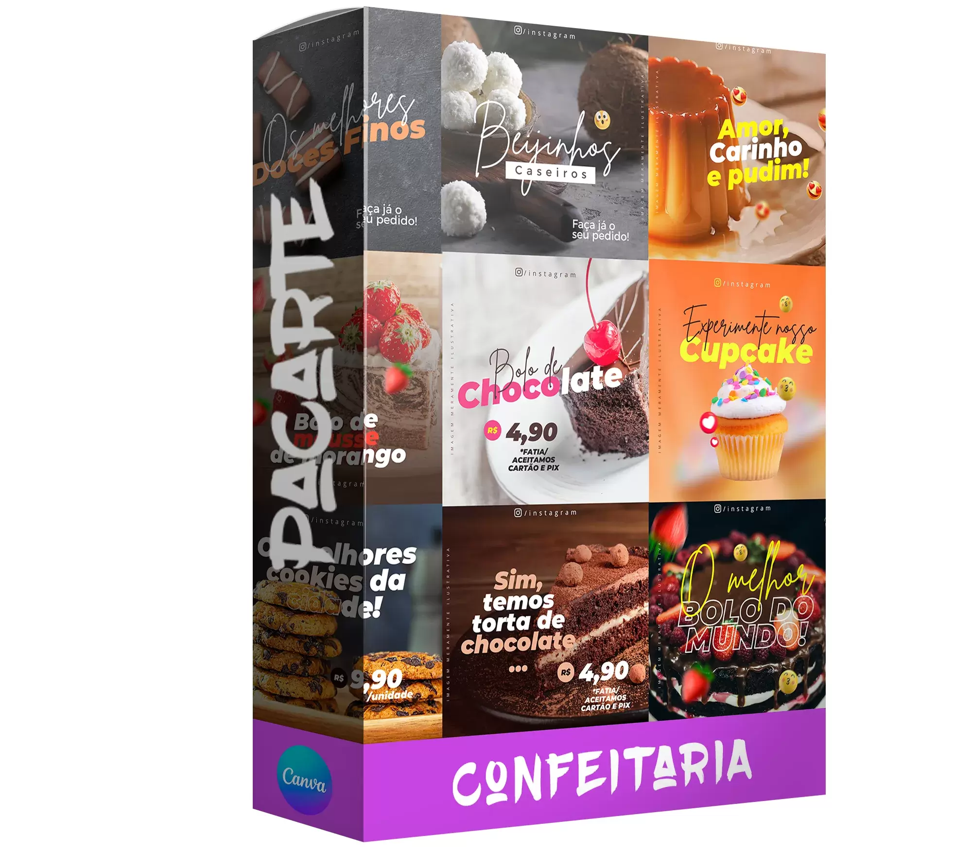 Pack para doceteria e confeitaria com 80 artes editáveis no canva