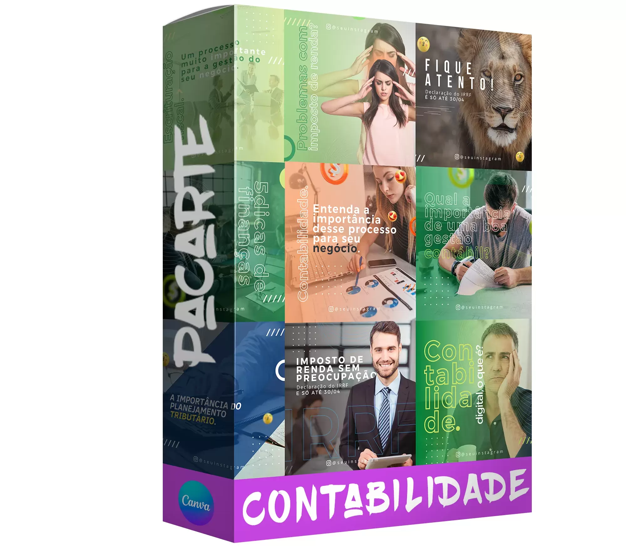 Pack de contabilidade com 240 artes editáveis no canva