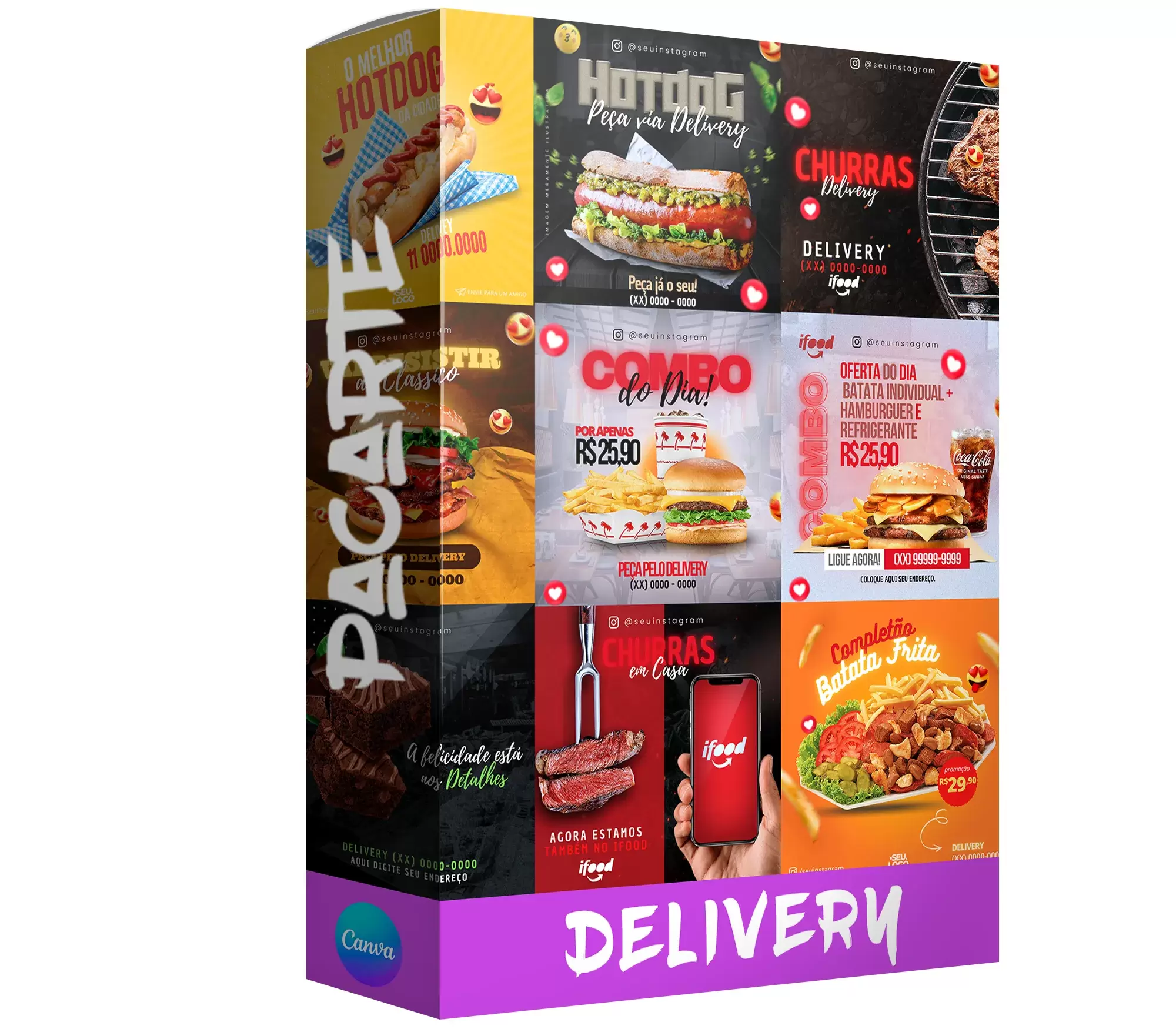 Pack de Delivery com 50 artes editáveis no canva