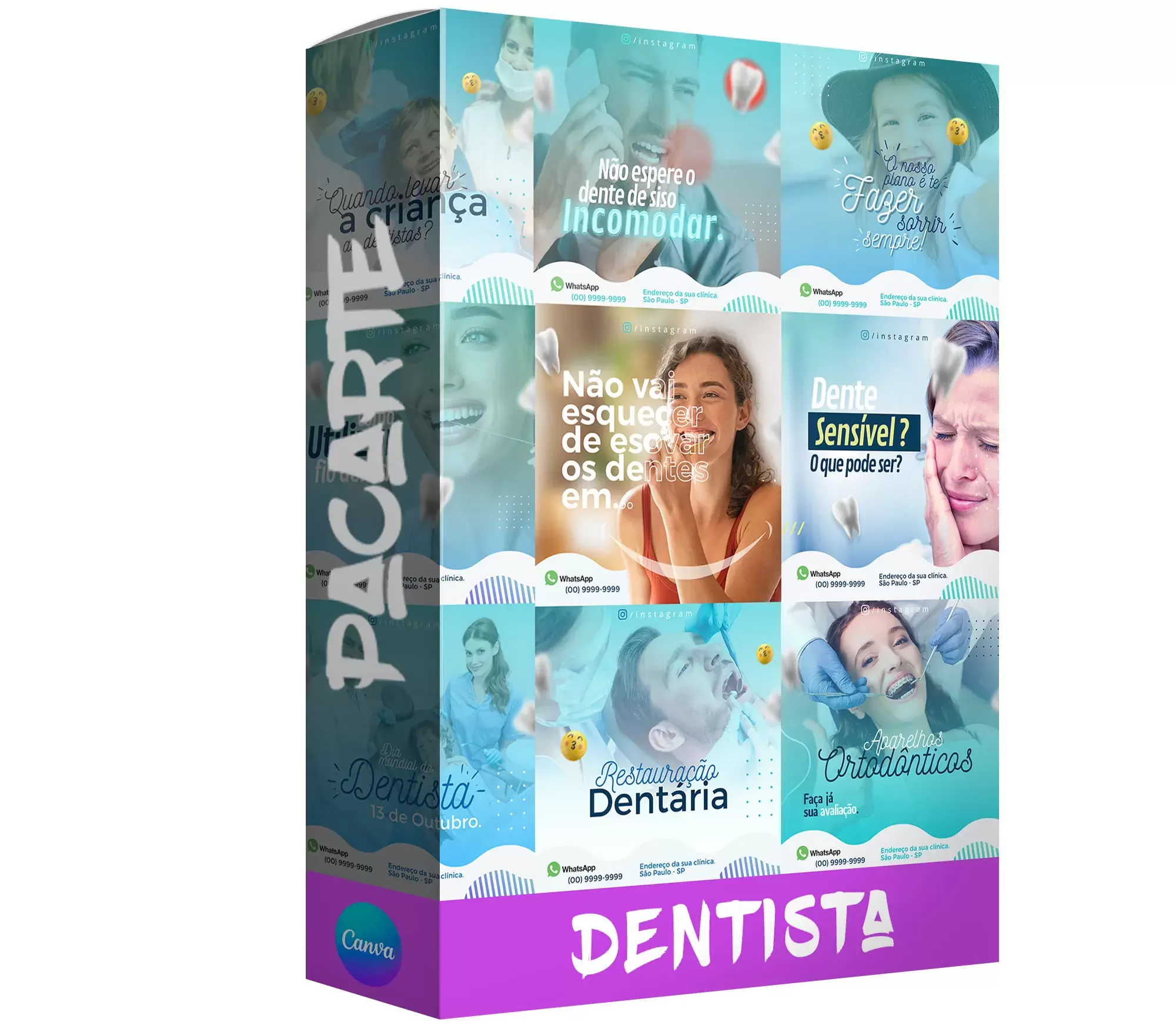 Pack para dentista com 279 artes editáveis no canva