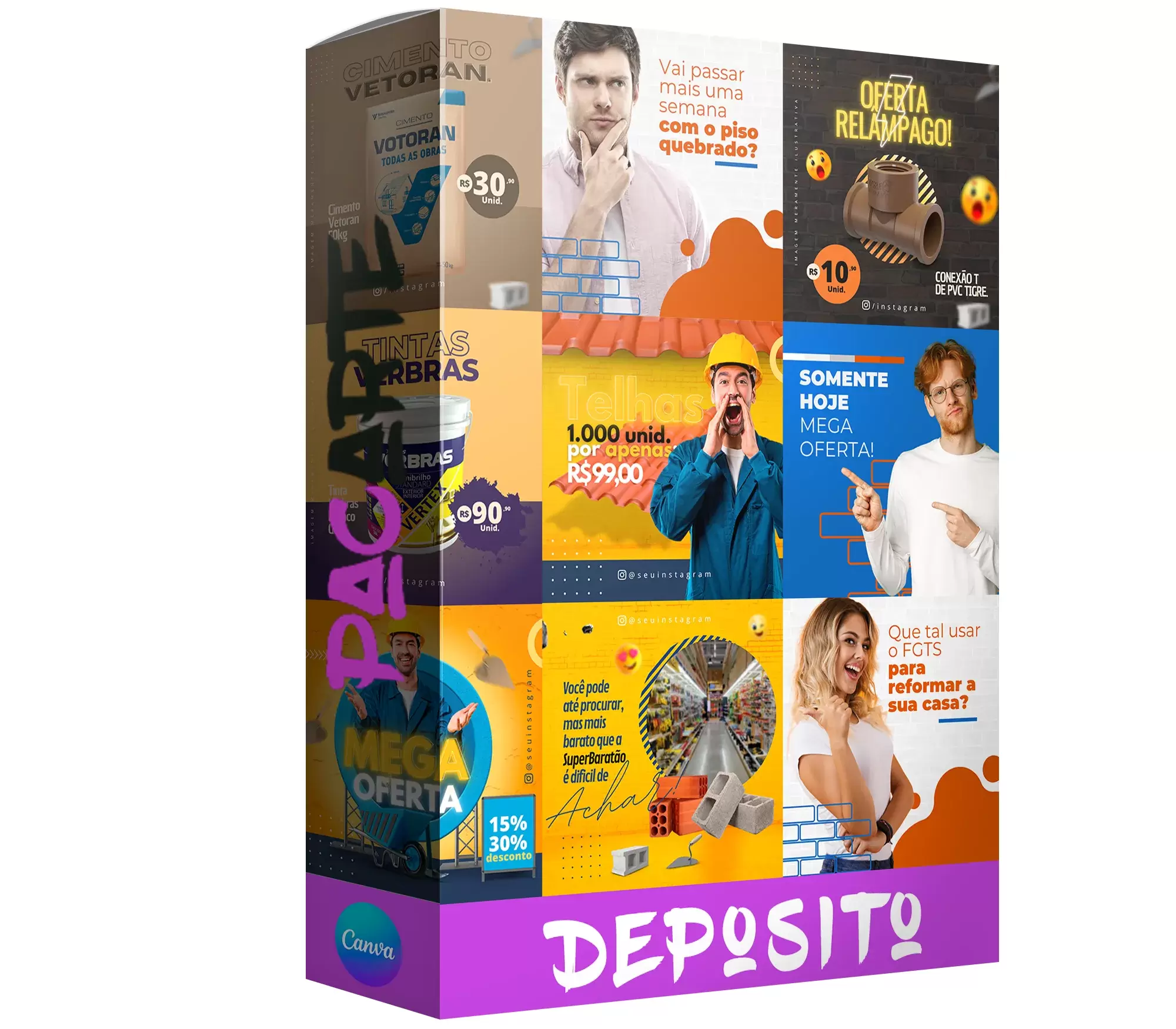 Pack para material para construção com 330 artes editáveis no canva