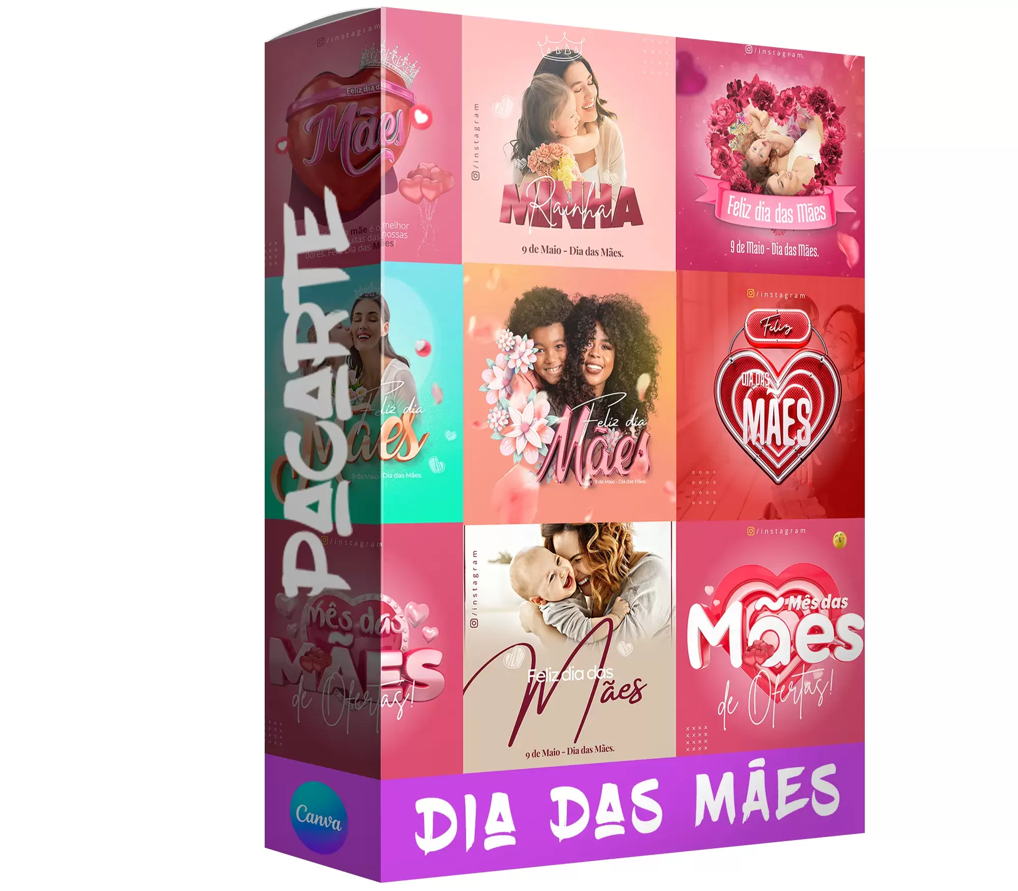Pack para Dia Das Mães com 32 artes editáveis no canva