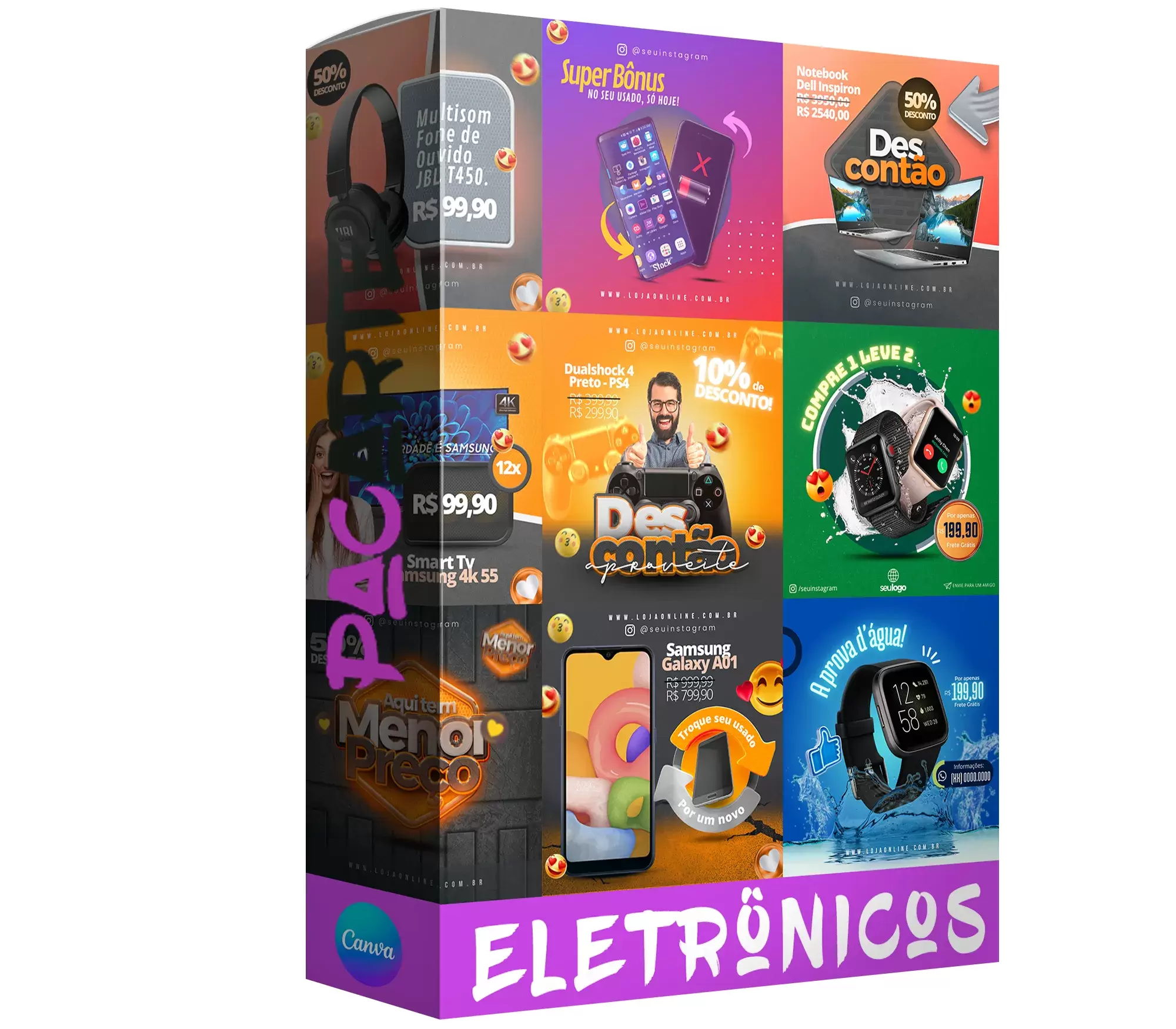 Pack para loja de eletrônicos com 40 artes editáveis no canva