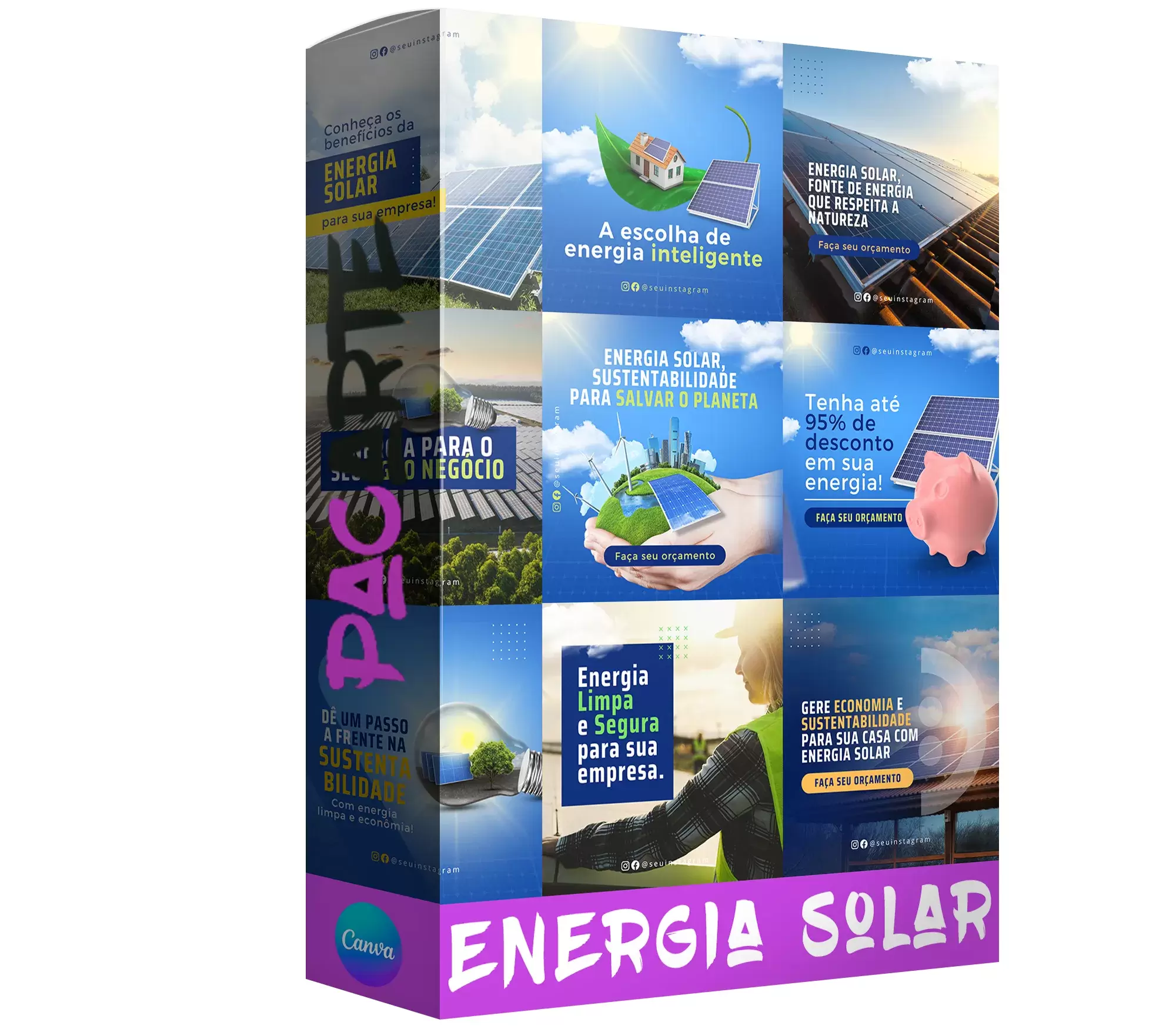 Pack para energia solar com 30 artes editáveis no canva