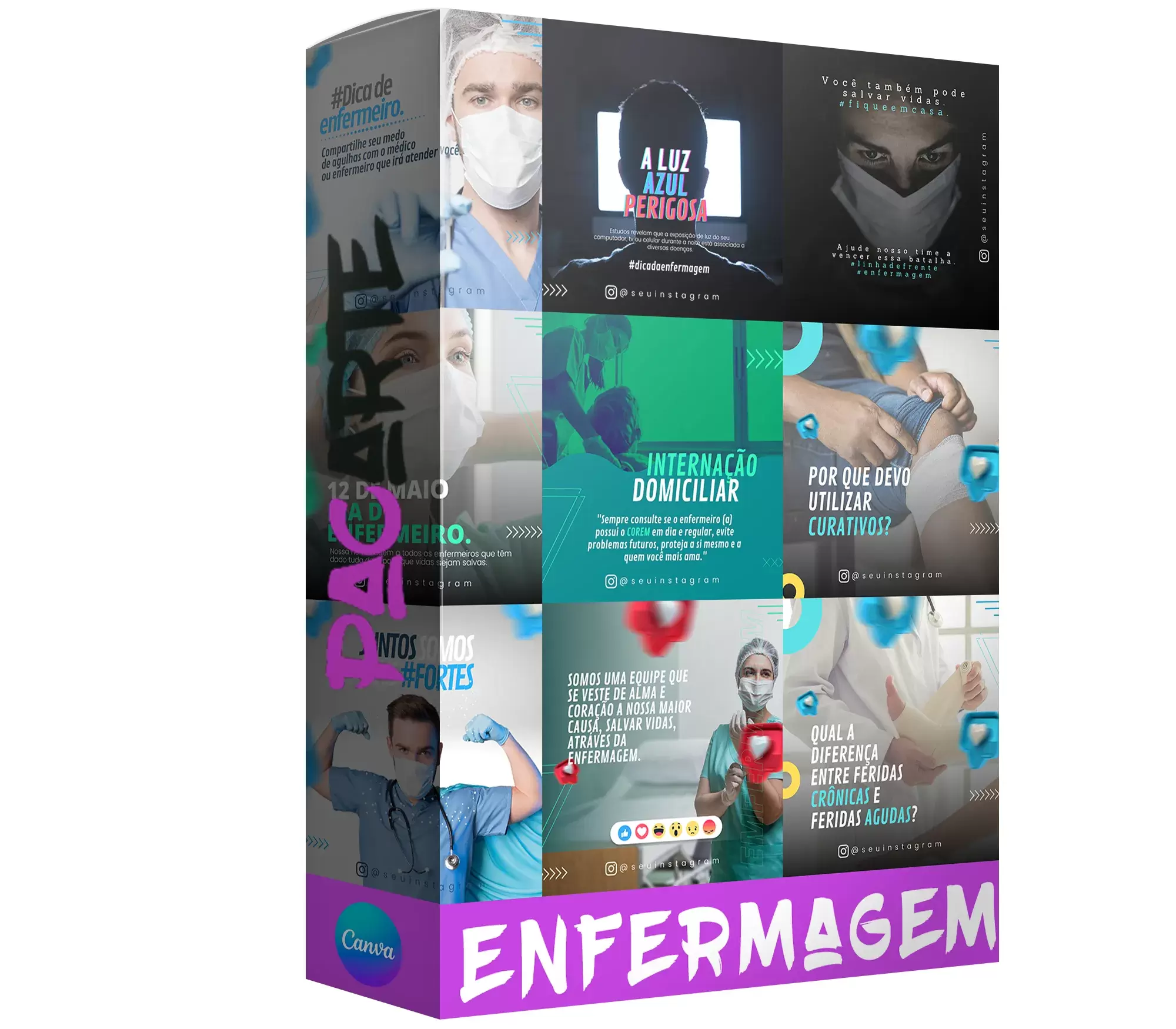 Pack para enfermagem com 10 artes editáveis no canva