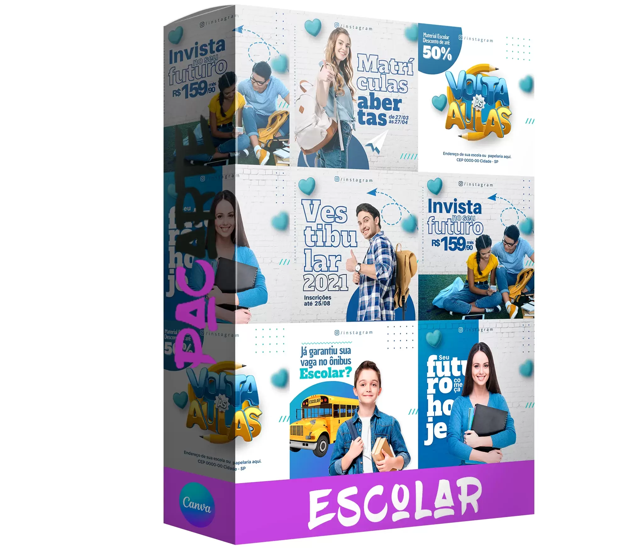 Pacote de 6 Modelos Editáveis de Anúncios de Universidade para o Canva