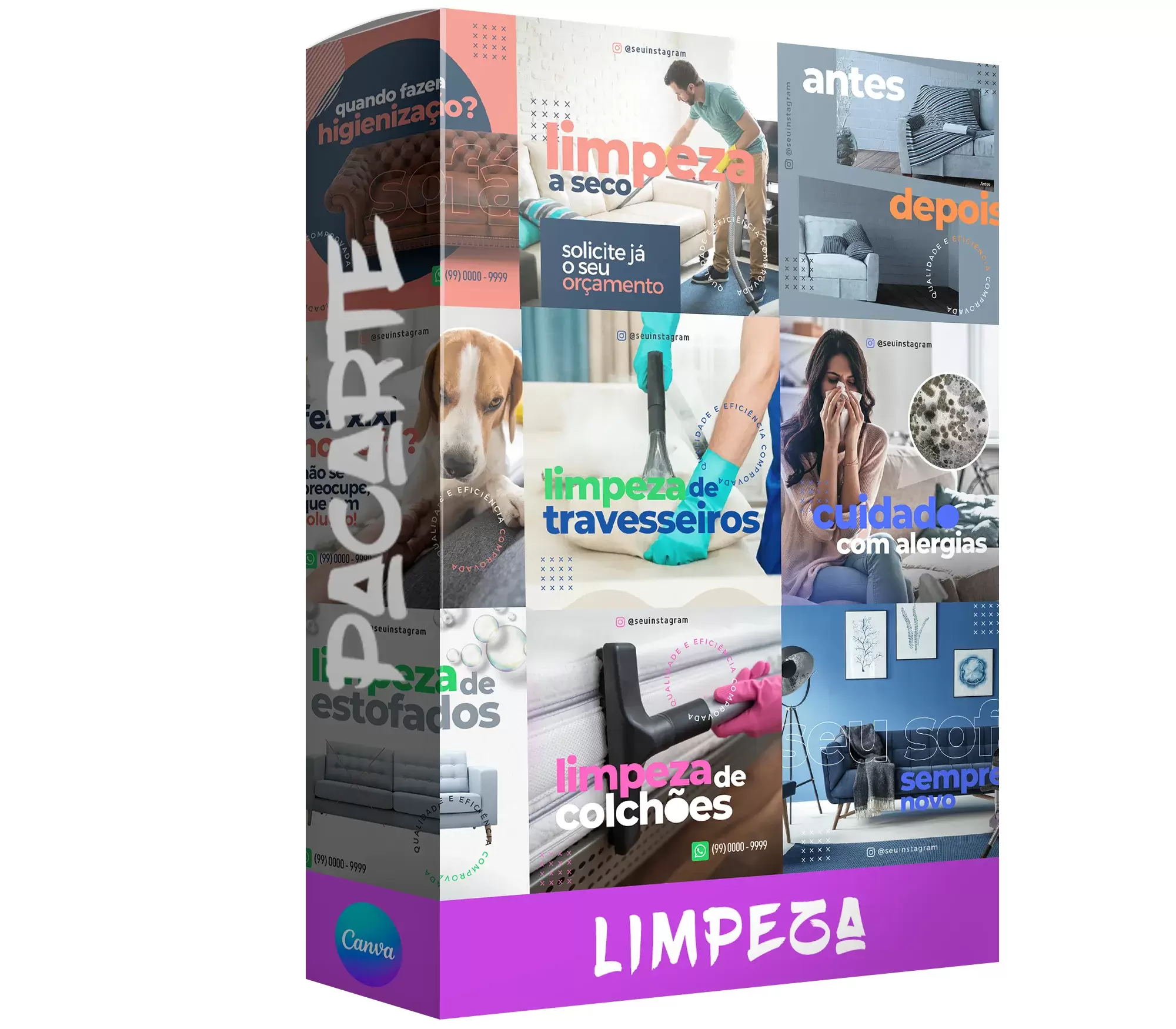 Pacote de 11 Artes Editáveis no Canva para Limpeza de Estofados