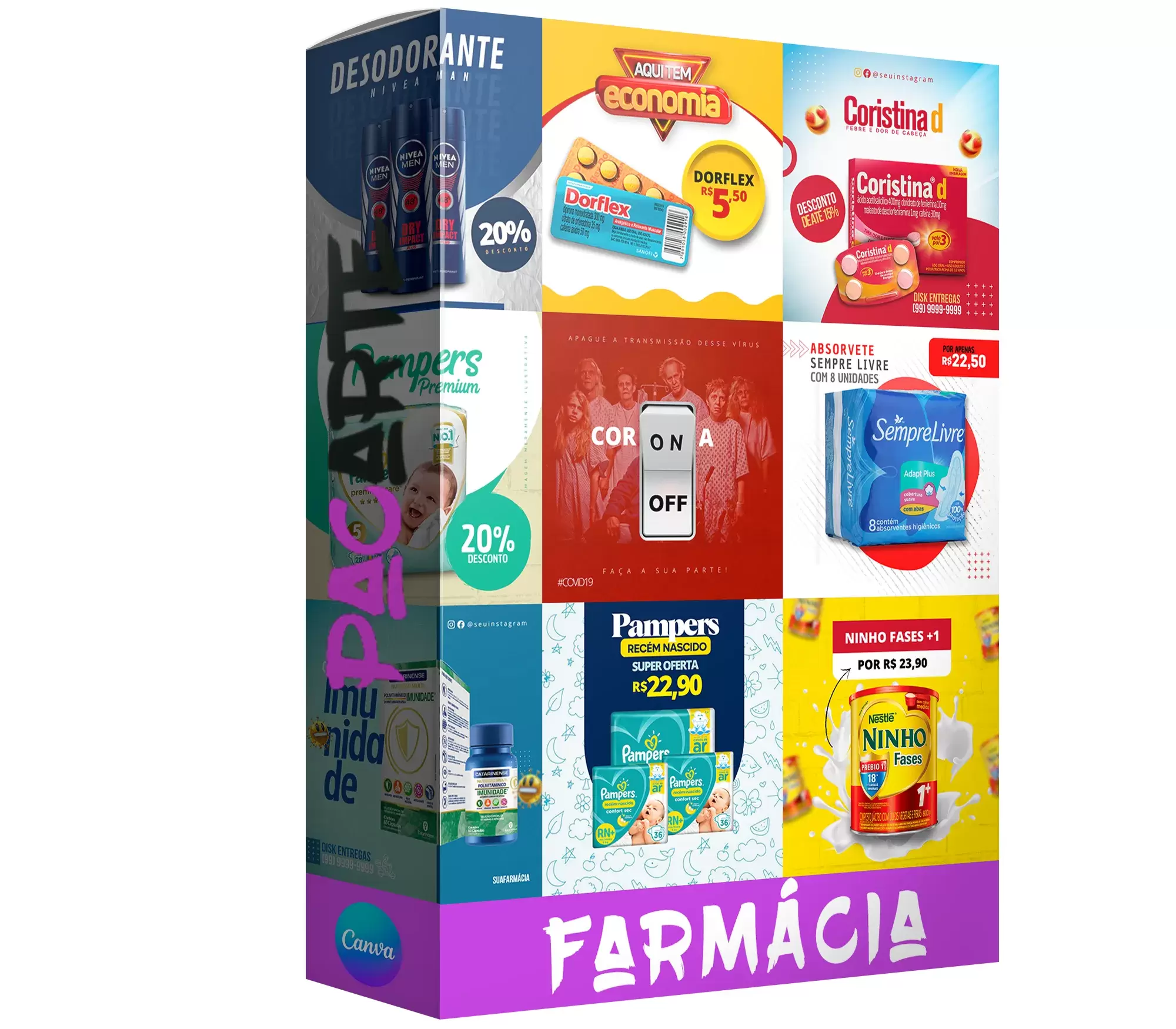 Pack para farmácia com 251 artes editáveis no canva