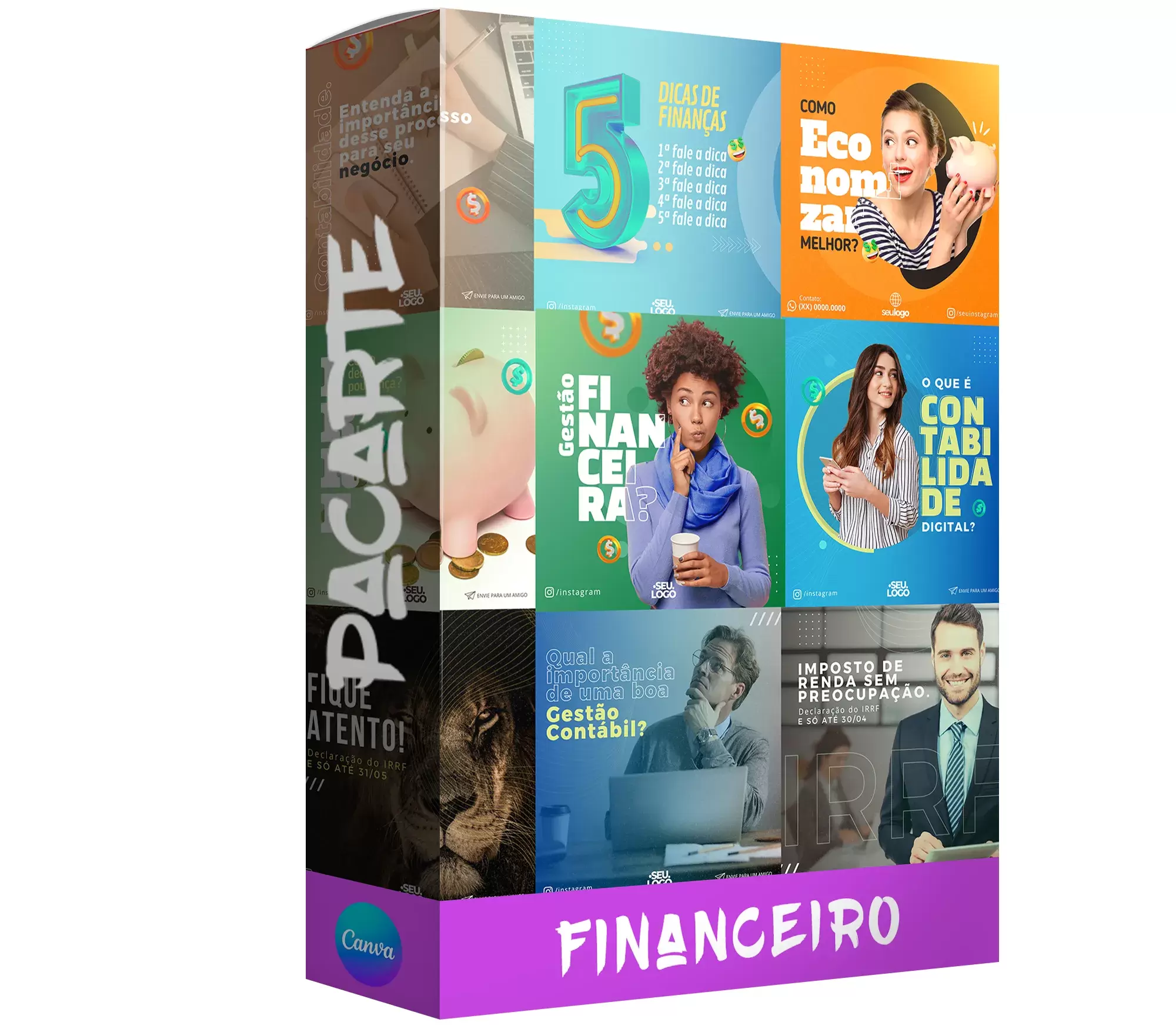 Pack para financeiro com 52 artes editáveis no canva
