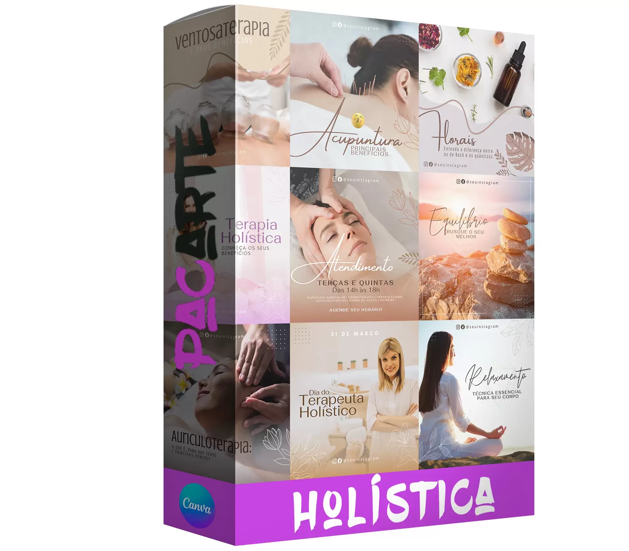 Pack para terapia holística com 120 artes editáveis no canva