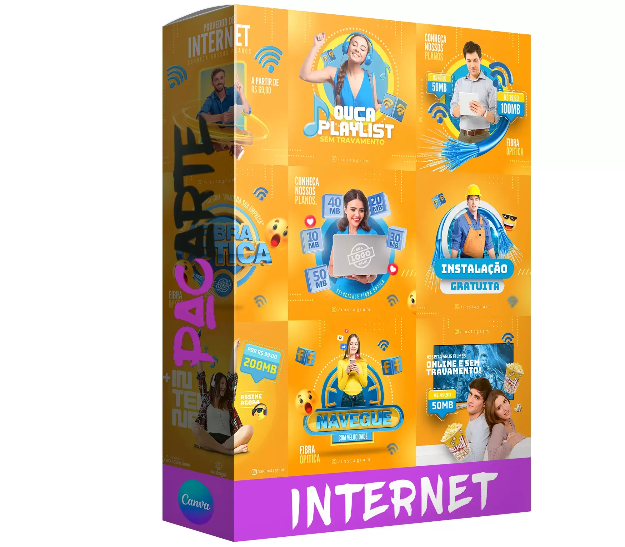 Pack para provedor de internet com 20 artes editáveis no canva