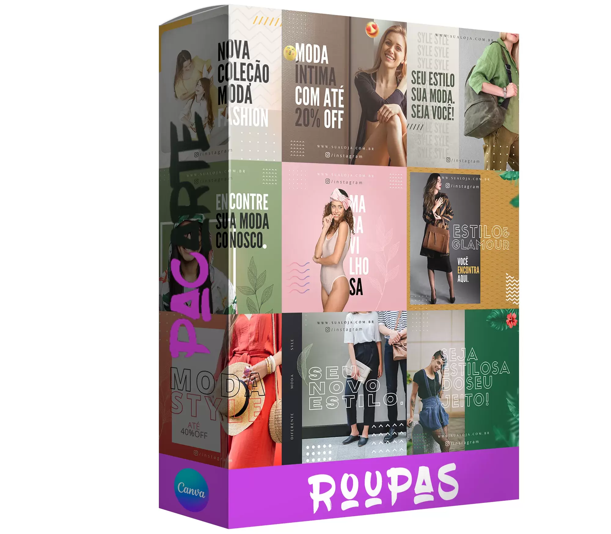 Pack para loja de roupas com 80 artes editáveis no canva
