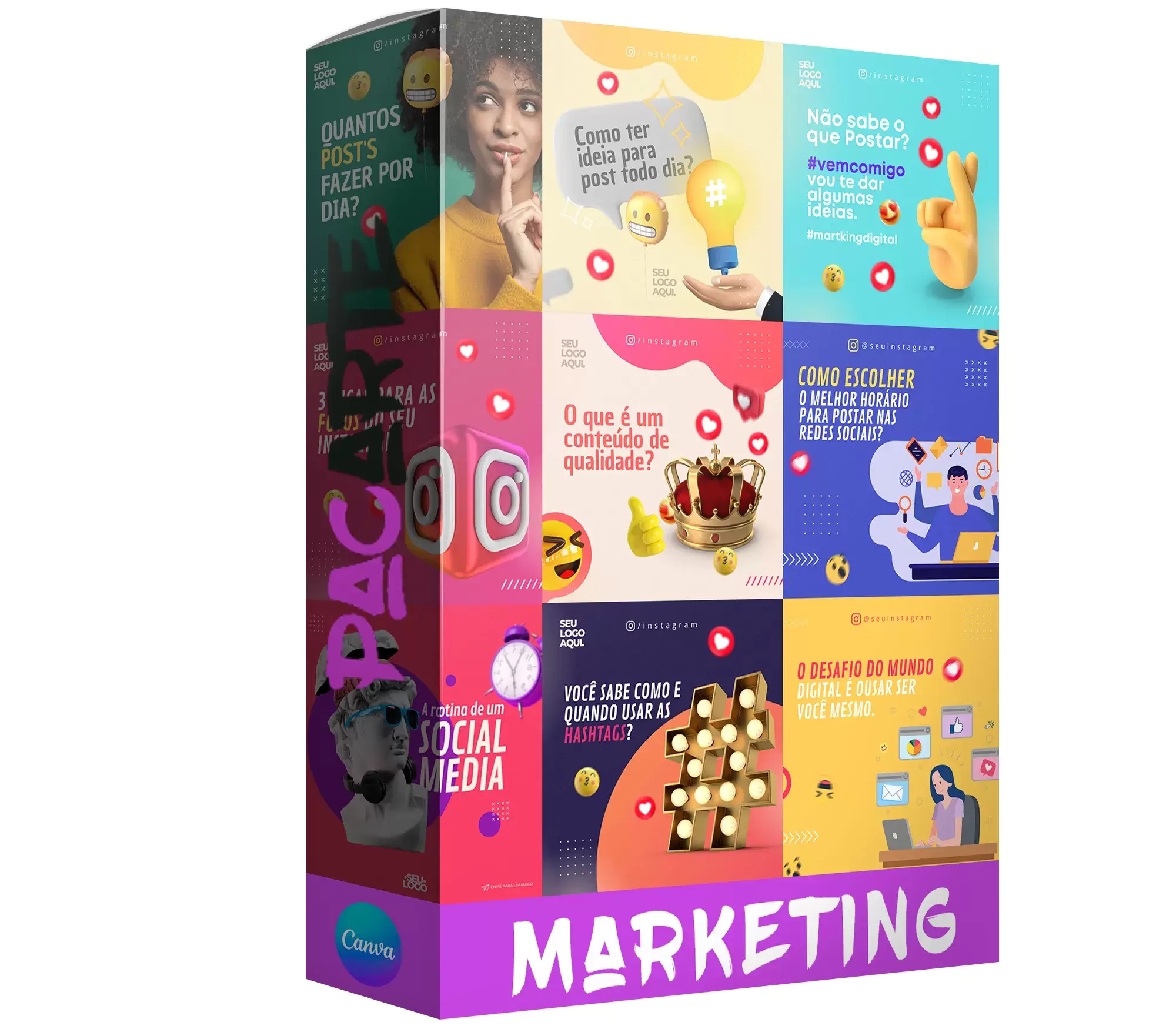 Pack para marketing digital com 41 artes editáveis no canva