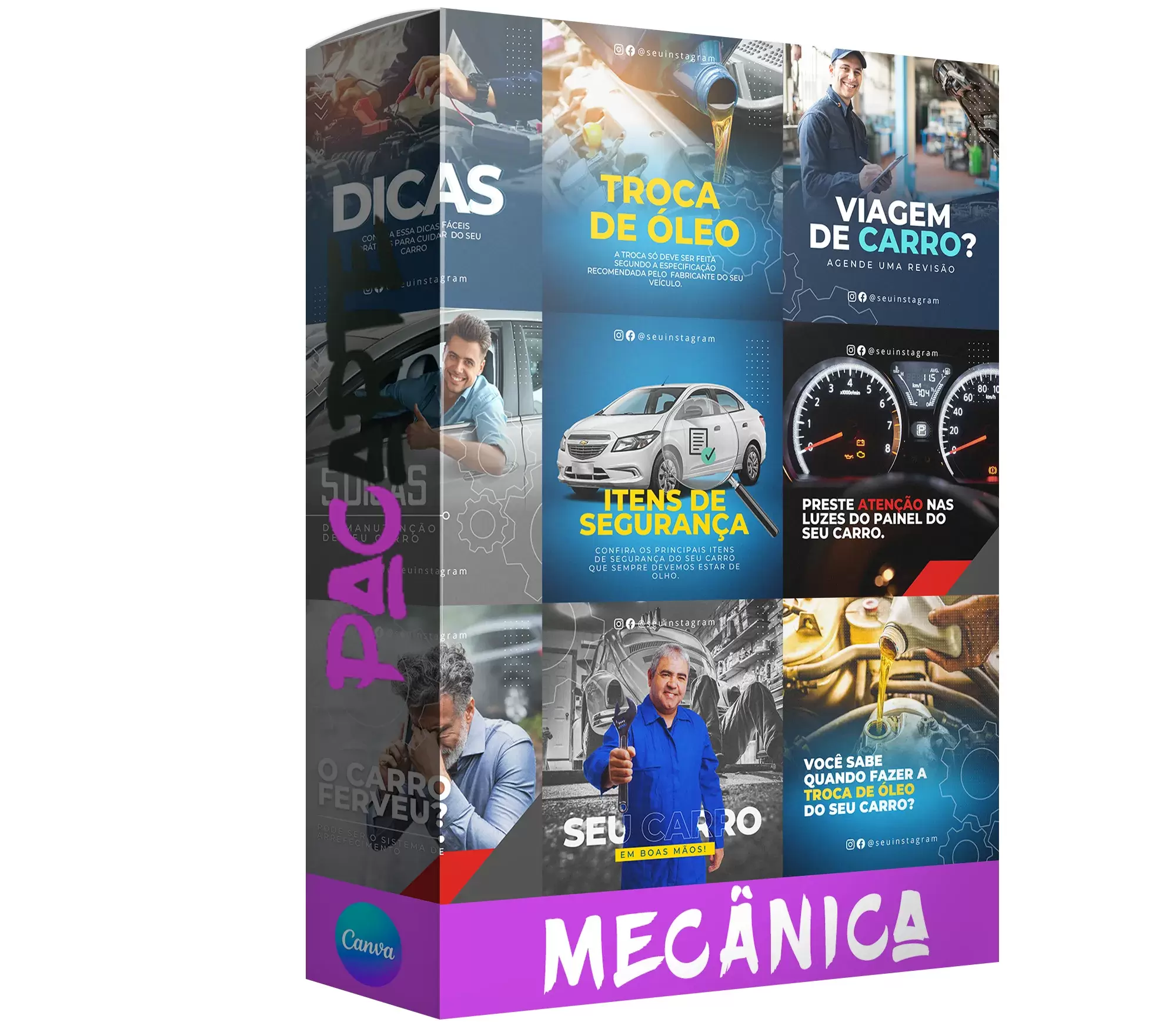 Pack para mecânica com 30 artes editáveis no canva
