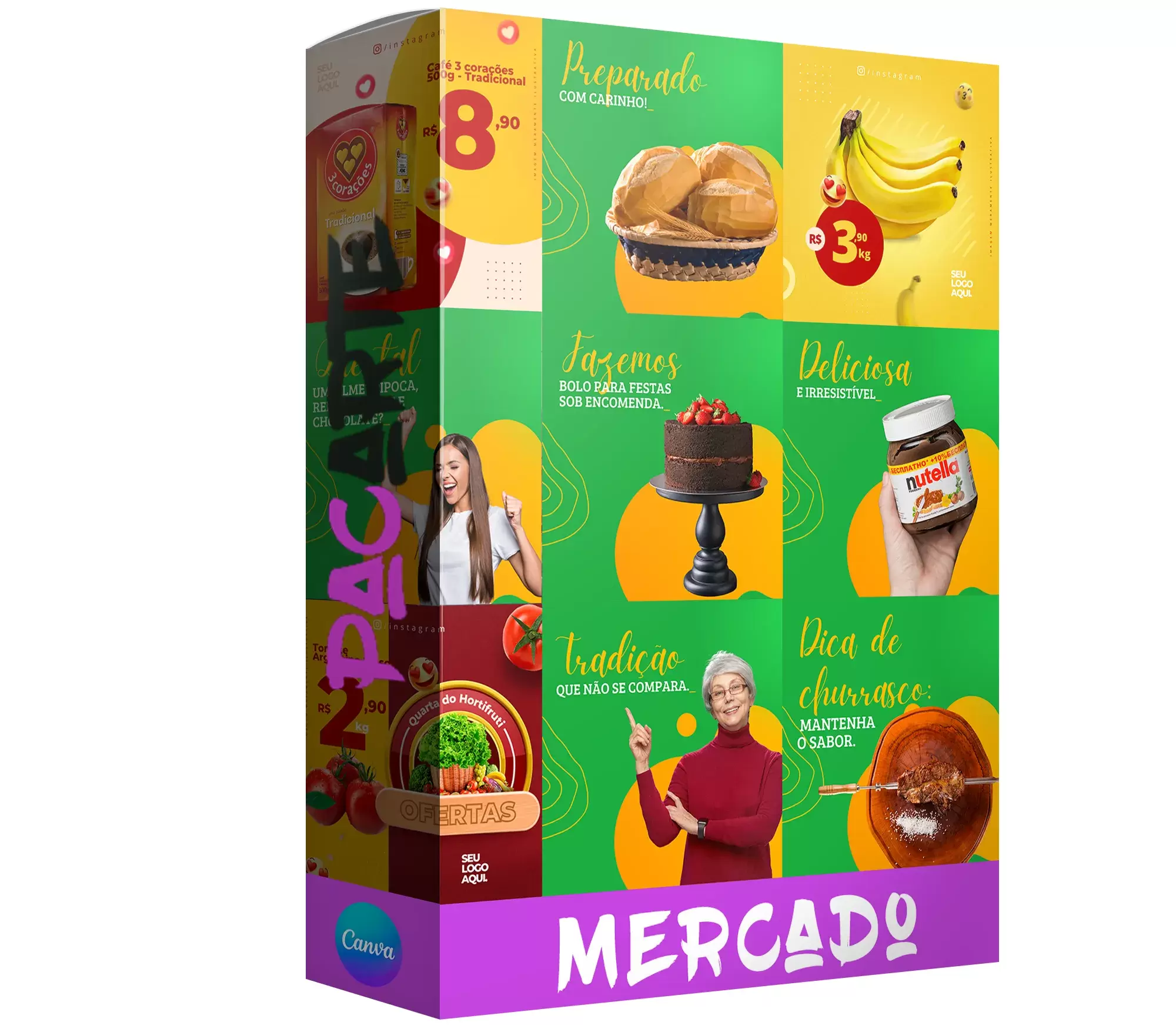 Pack para supermercado com 250 artes editáveis no canva