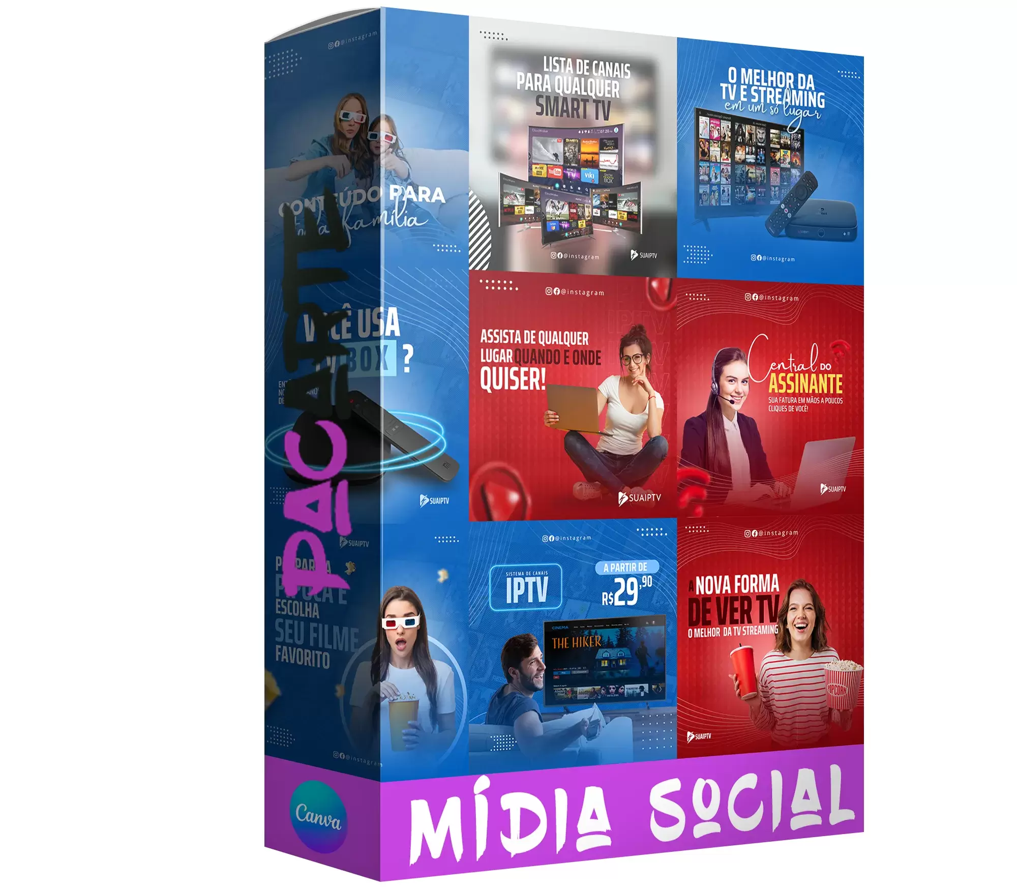 Pack para Mídias Sociais - IPTV com 50 artes editáveis no canva