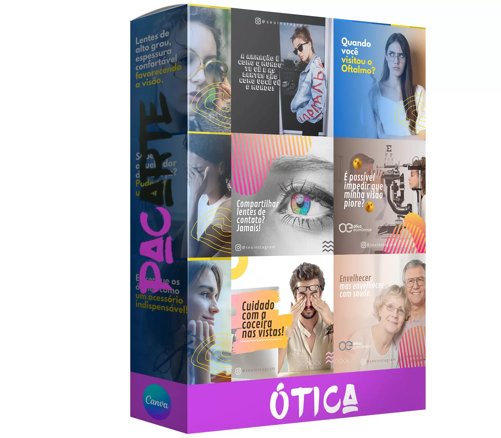 Pack para òticas com 246 artes editáveis no canva