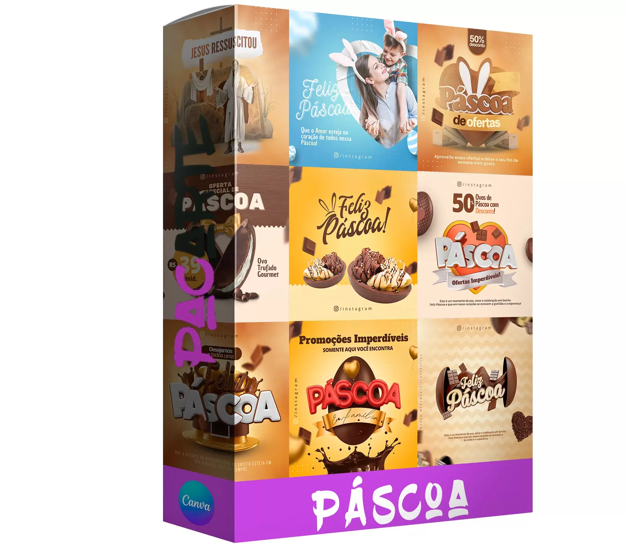 Pack para páscoa com 40 artes editáveis no canva