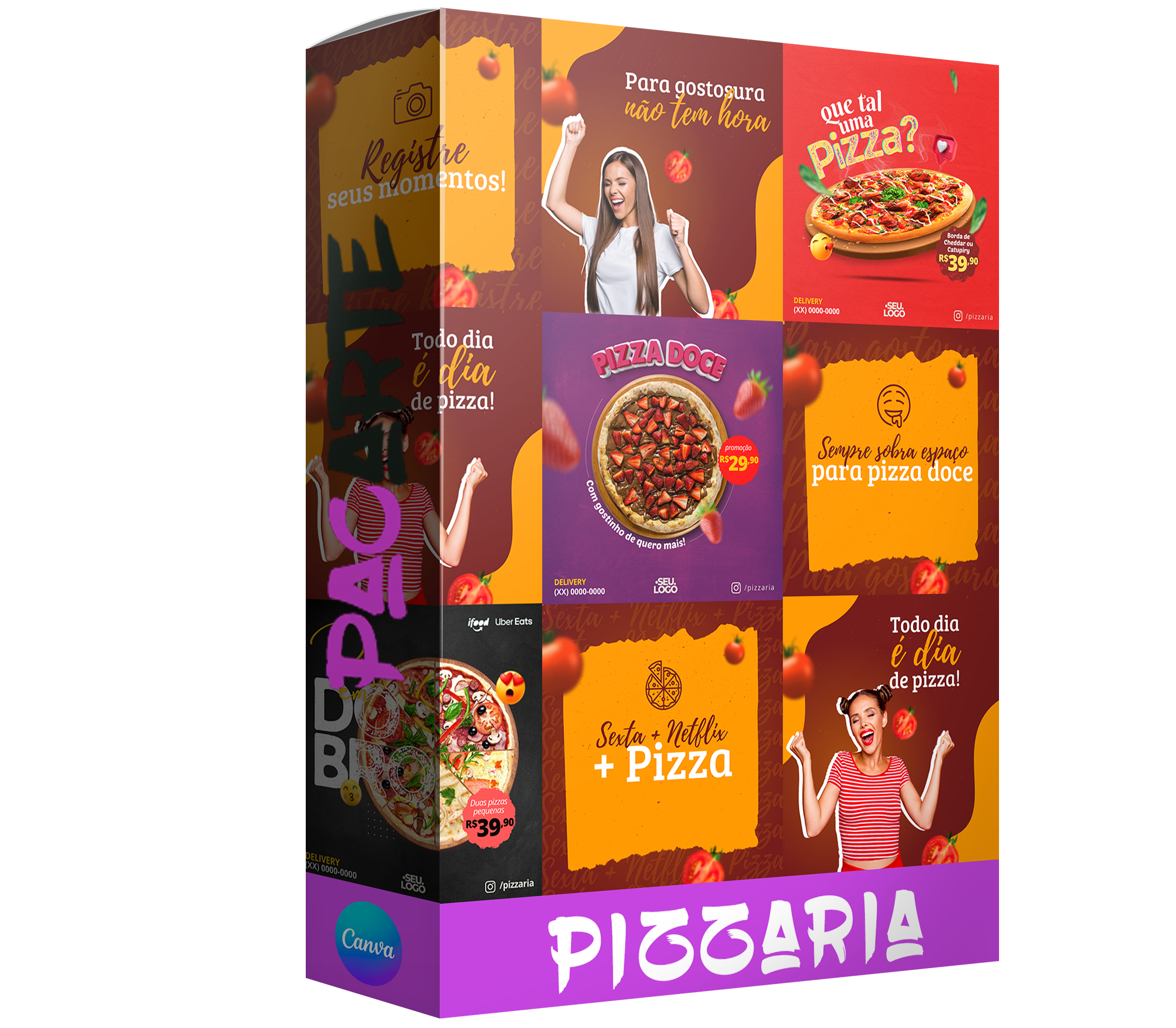 Pack para pizzaria com 267 artes editáveis no canva