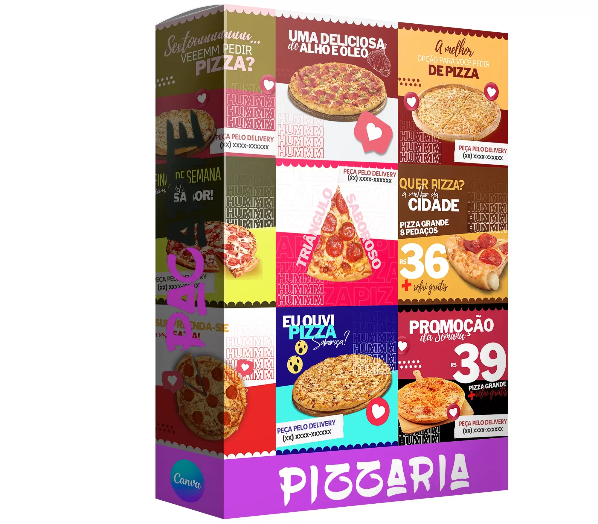 Pacote de 20 Artes Editáveis no Canva para Anúncios de Pizzaria
