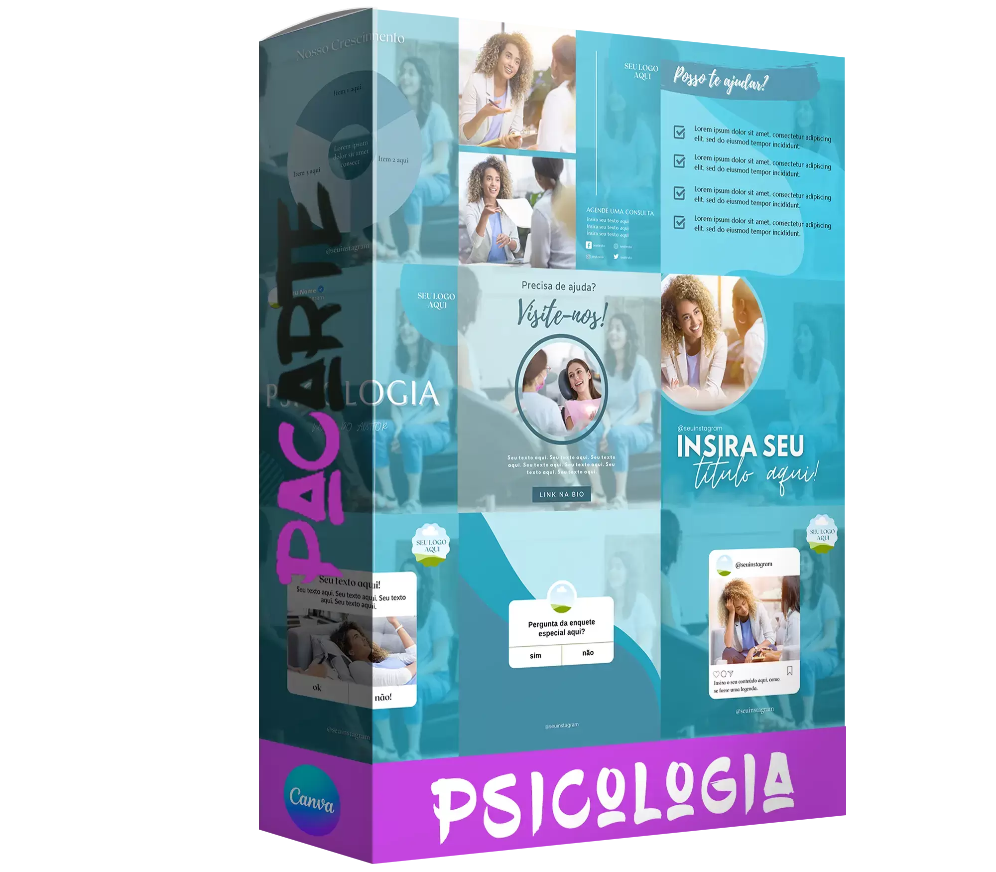 Pacote de 25 Artes Editáveis no Canva para Anúncios de Psicologia