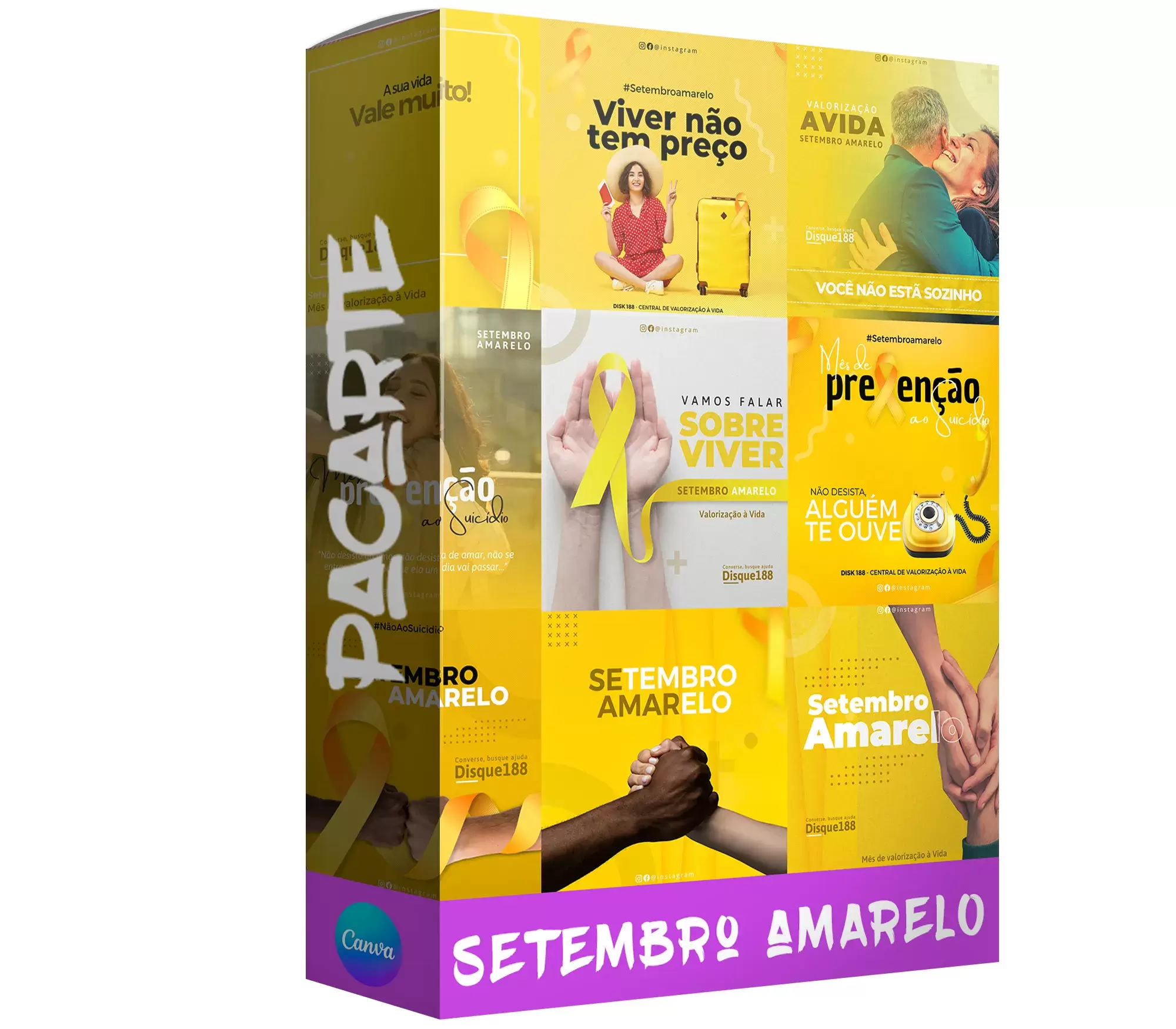 Pack para setembro amarelo com 20 artes editáveis no canva