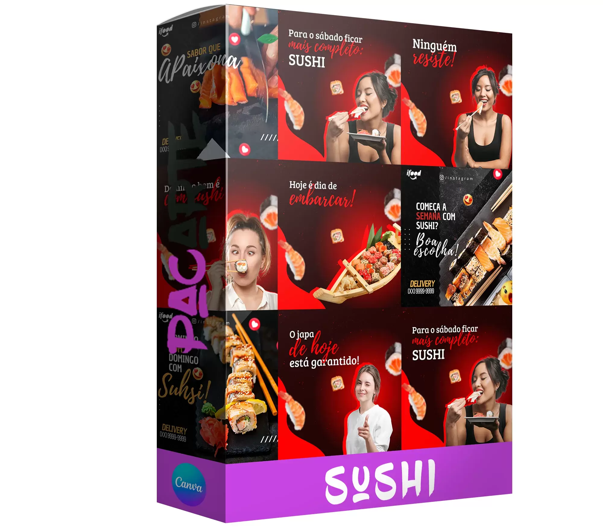 Pack para Sushi com 280 artes editáveis no canva