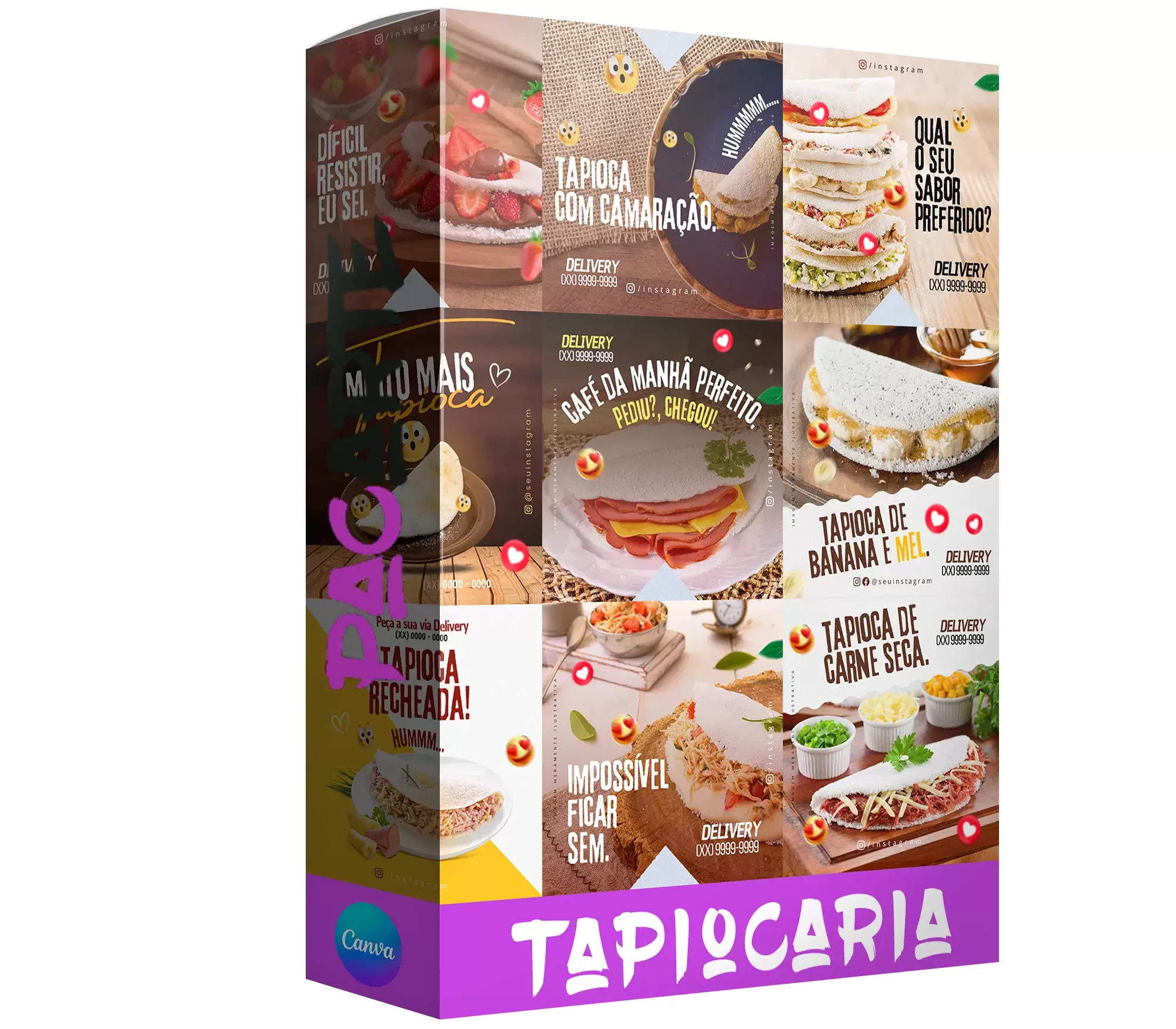 Pack para tapiocaria com 10 artes editáveis no canva