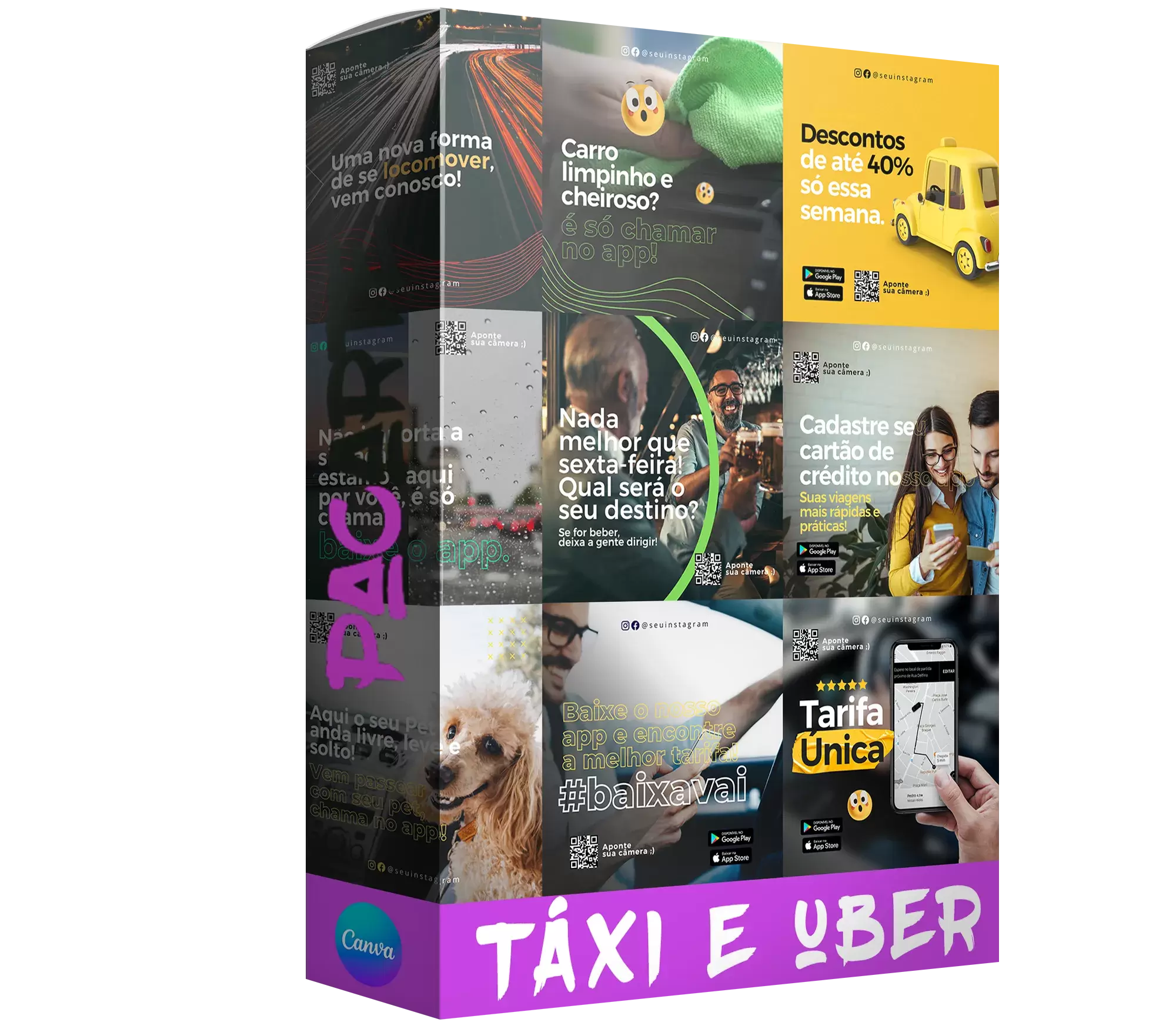 Pacote de 28 Artes Editáveis no Canva para Anúncios de Serviços de Uber e Táxi