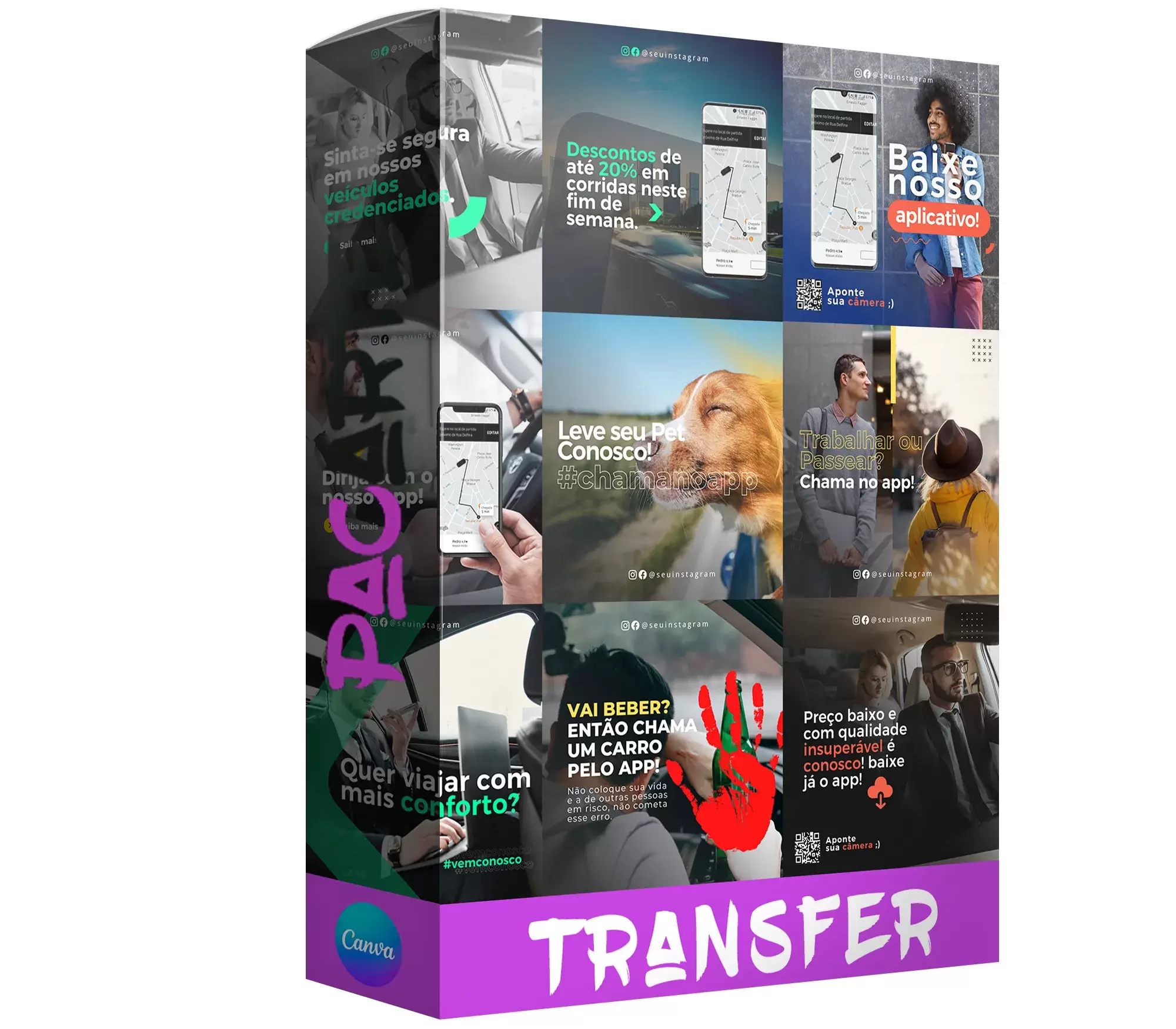 Pack para transfer com 30 artes editáveis no canva