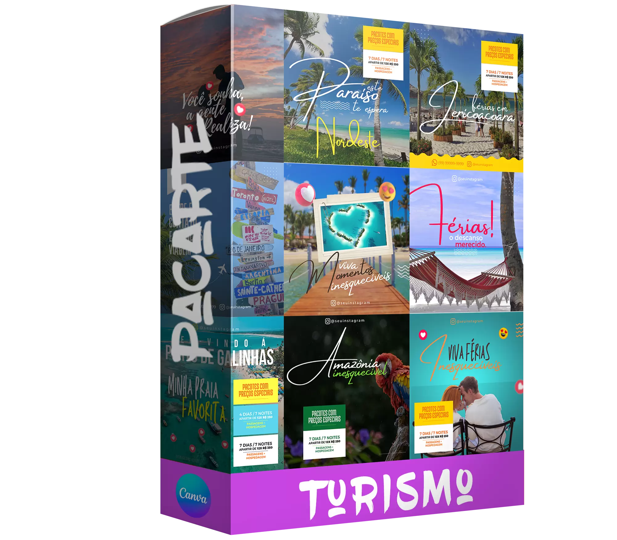 Pacote de 28 Artes Editáveis no Canva para Anúncios de Turismo