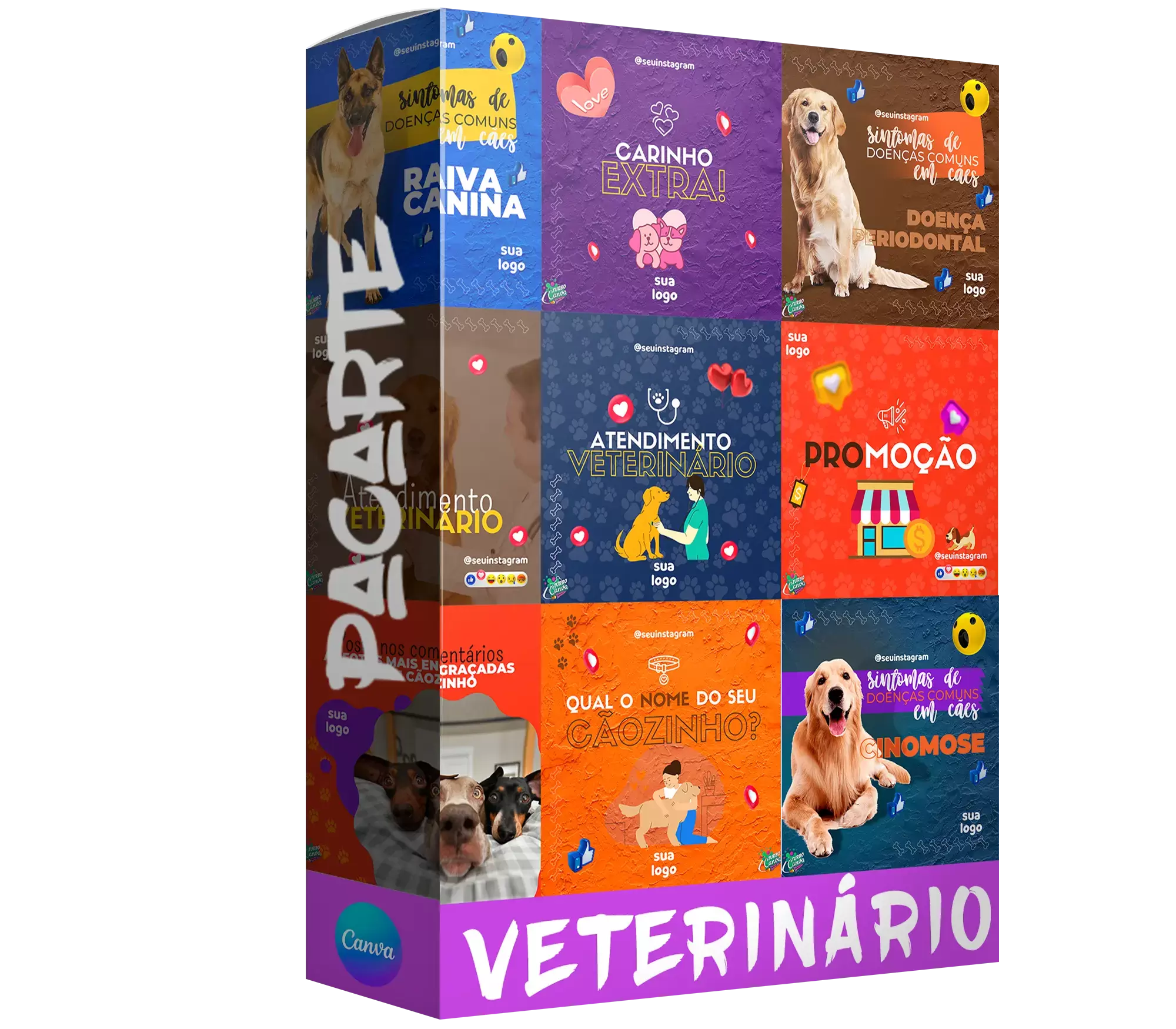 Conjunto de 100 Artes Editáveis no Canva para Consultório Veterinário