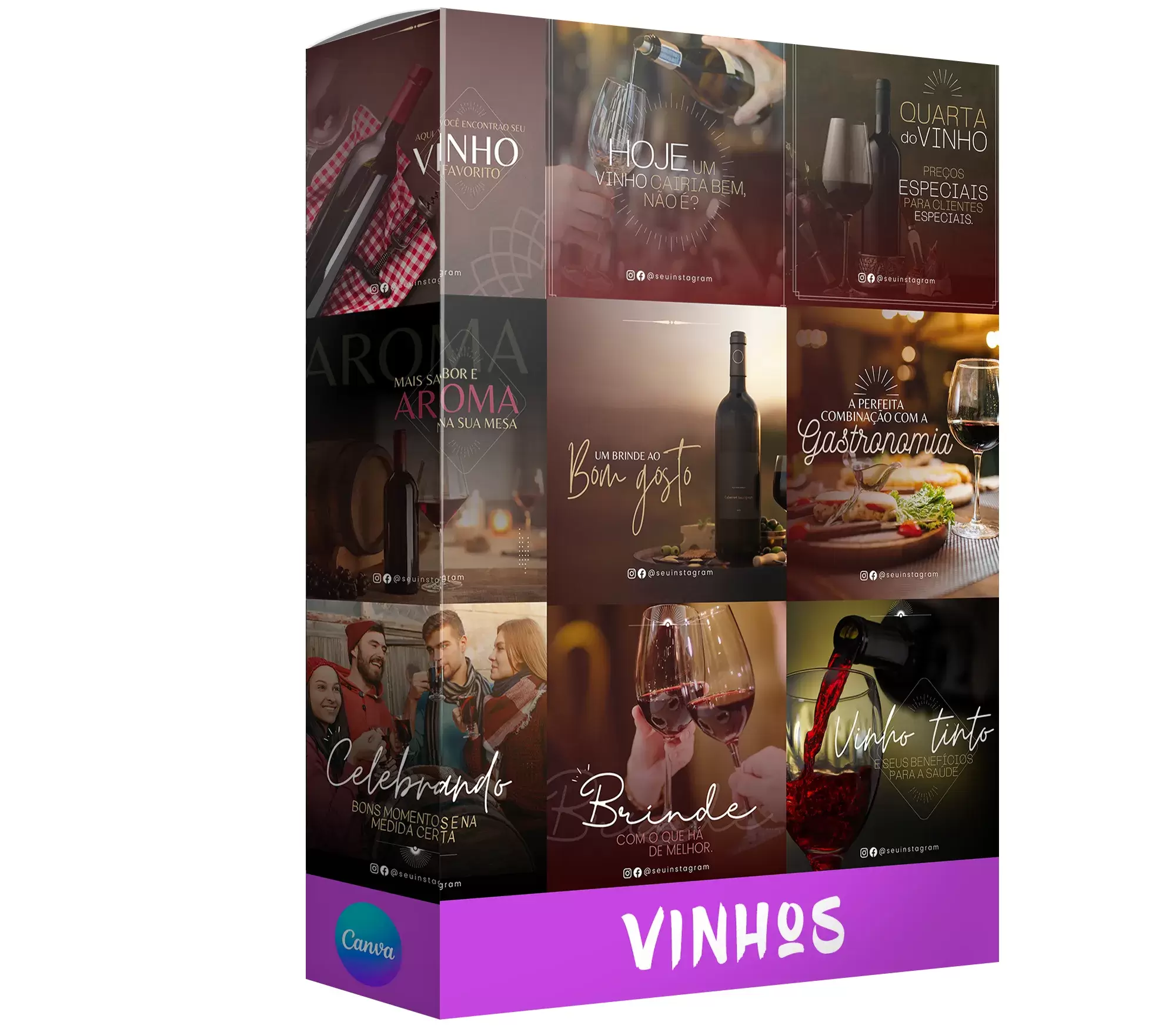 Pack para vinho com 30 artes editáveis no canva