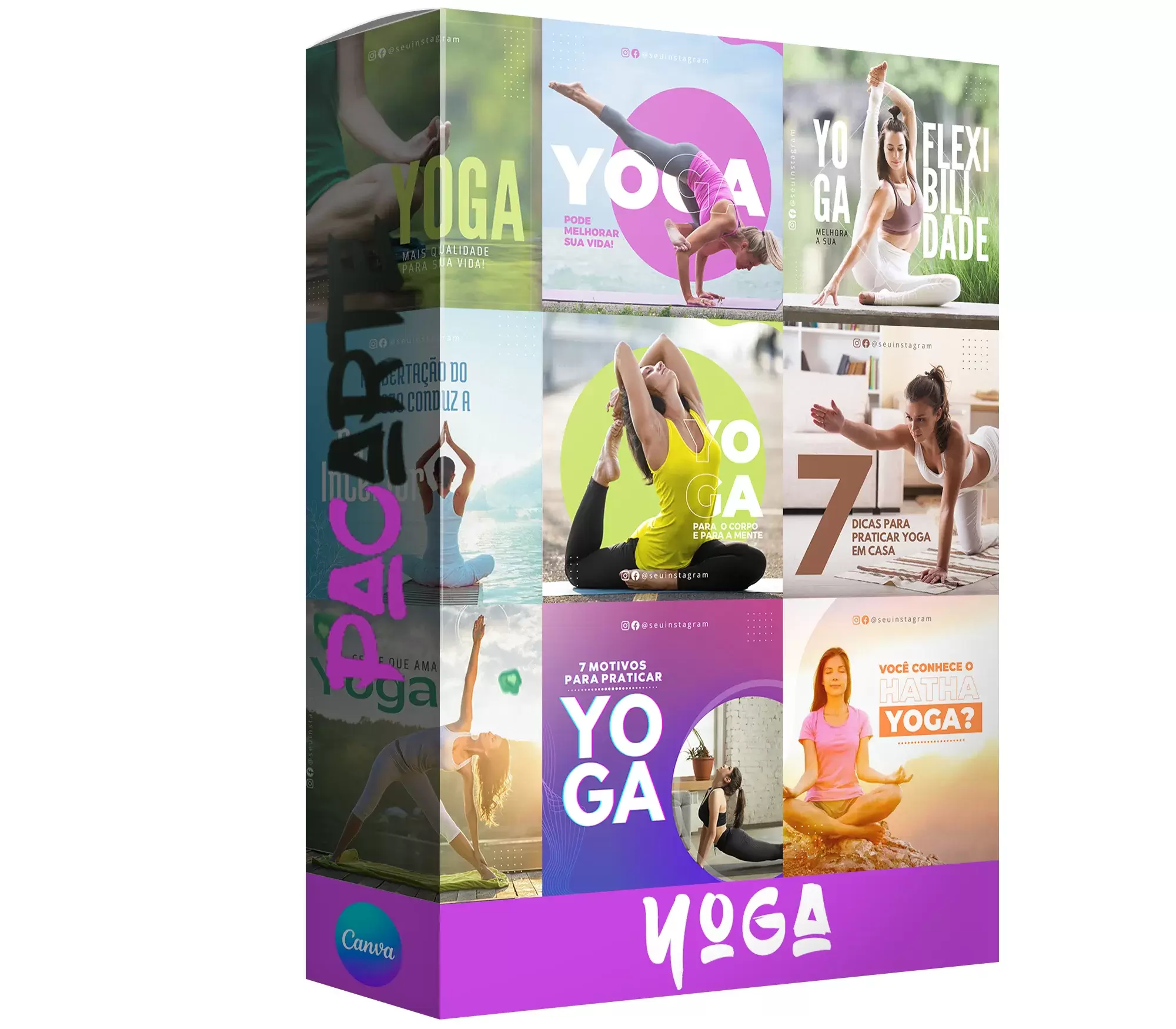 Pack para yôga com 60 artes editáveis no canva